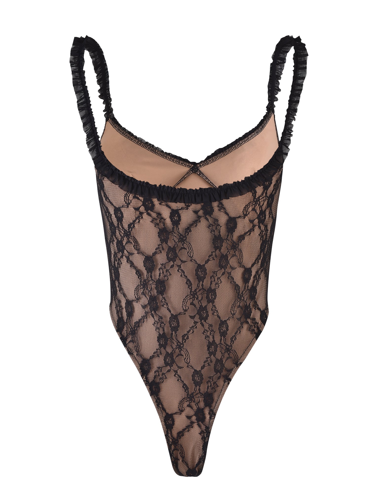 The TIGERMIST DEJA BODYSUIT - BLACK made of black lace features a sheer floral design with adjustable shoulder straps. It boasts a scoop neckline and high-cut leg openings, offering an elegant and delicate appearance.