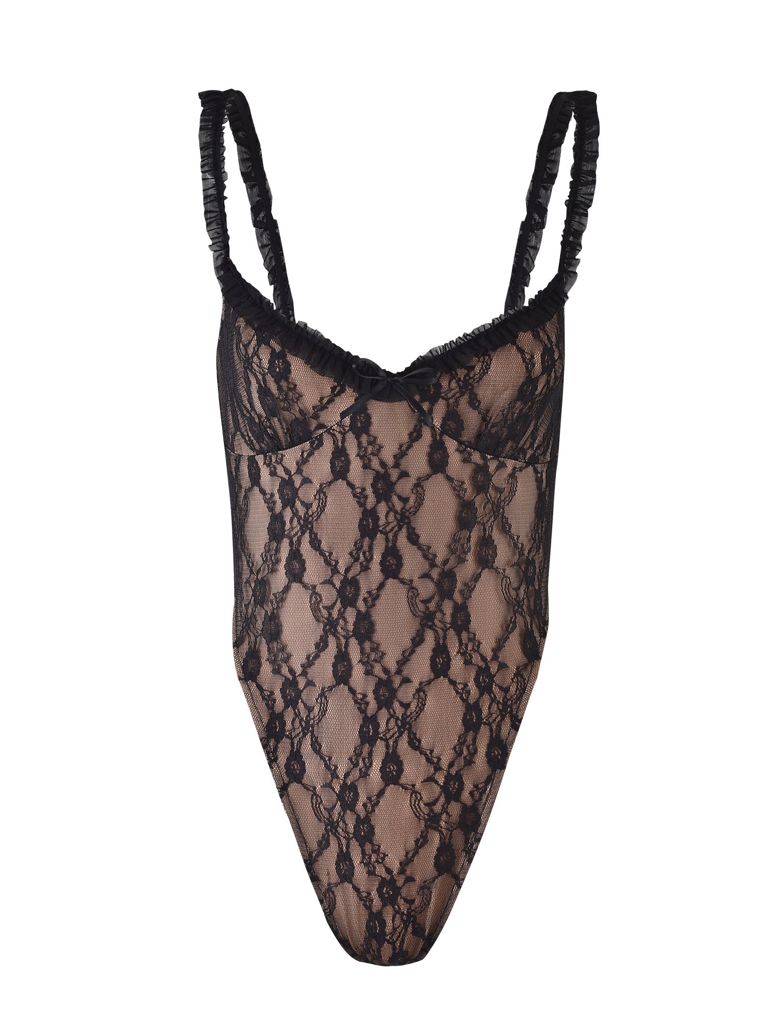 The DEJA BODYSUIT - BLACK by TIGERMIST is displayed against a white background. This black lace bodysuit showcases thin, ruched shoulder straps and a delicate floral lace pattern throughout, providing a semi-sheer look.