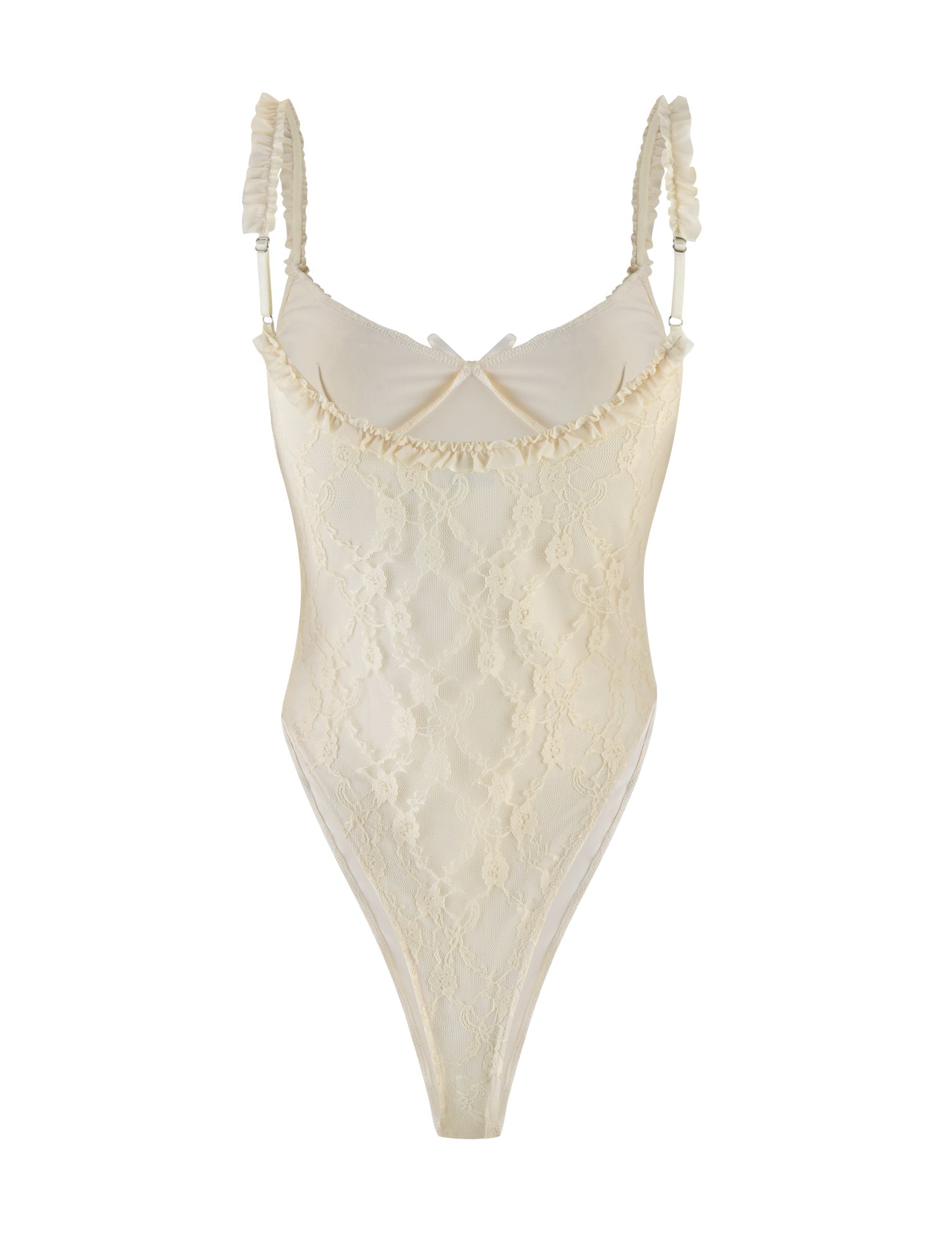 The TIGERMIST DEJA BODYSUIT in champagne beige features a sweetheart neckline, ruched shoulder straps, a small bow at the neck, and an allover delicate floral lace design.