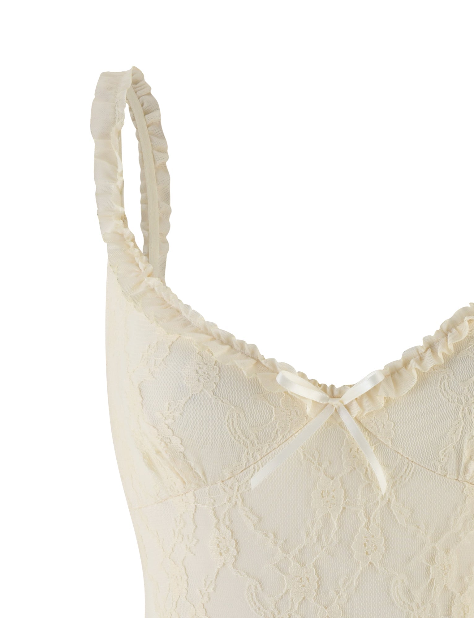Close-up of the TIGERMIST DEJA BODYSUIT in beige champagne, featuring delicate floral champagne lace, ruffled straps, and a small bow at the center of the sweetheart neckline.