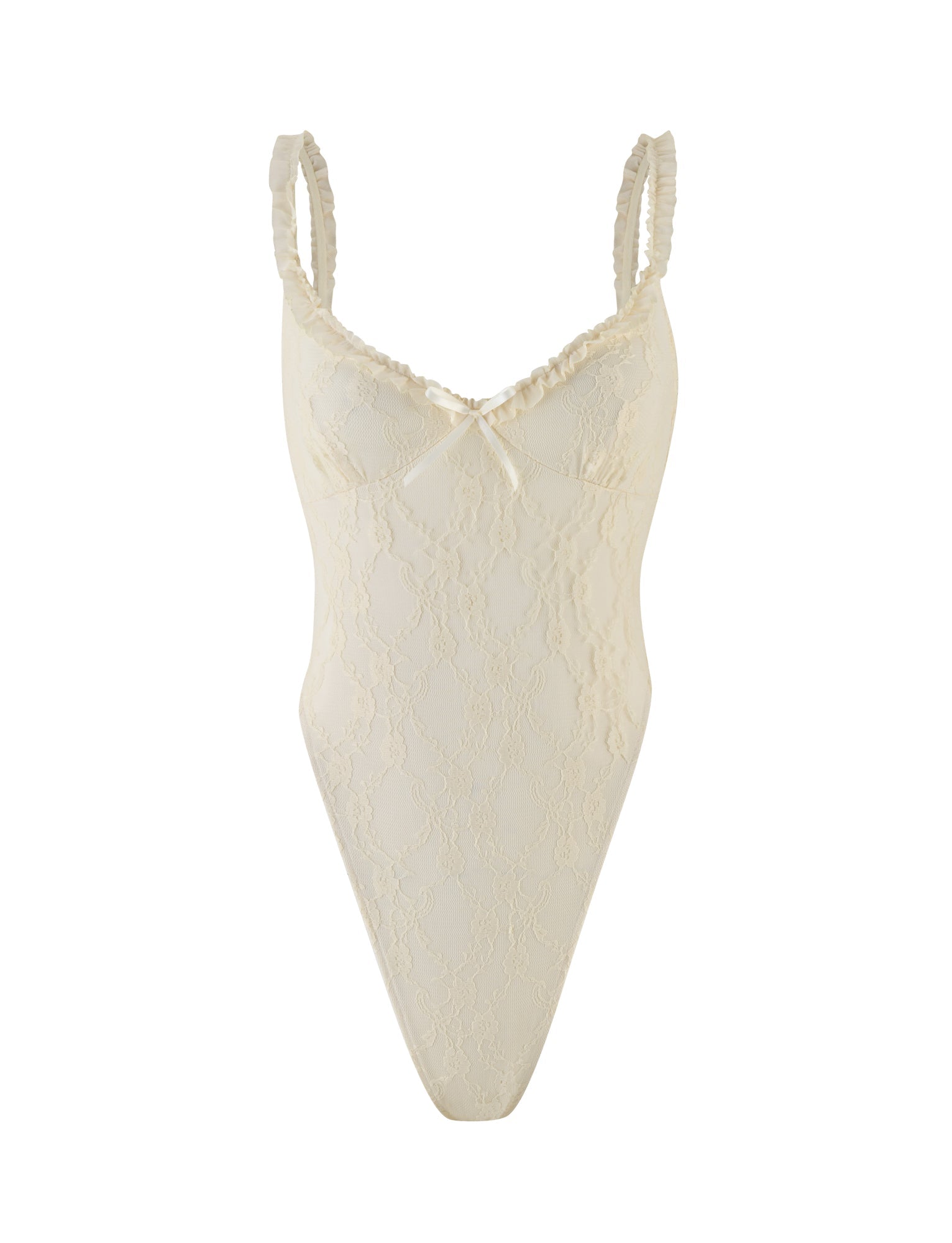 The TIGERMIST DEJA BODYSUIT features champagne lace in beige, thin ruffled straps, a center bow on its sweetheart neckline, and a delicate semi-sheer floral design.