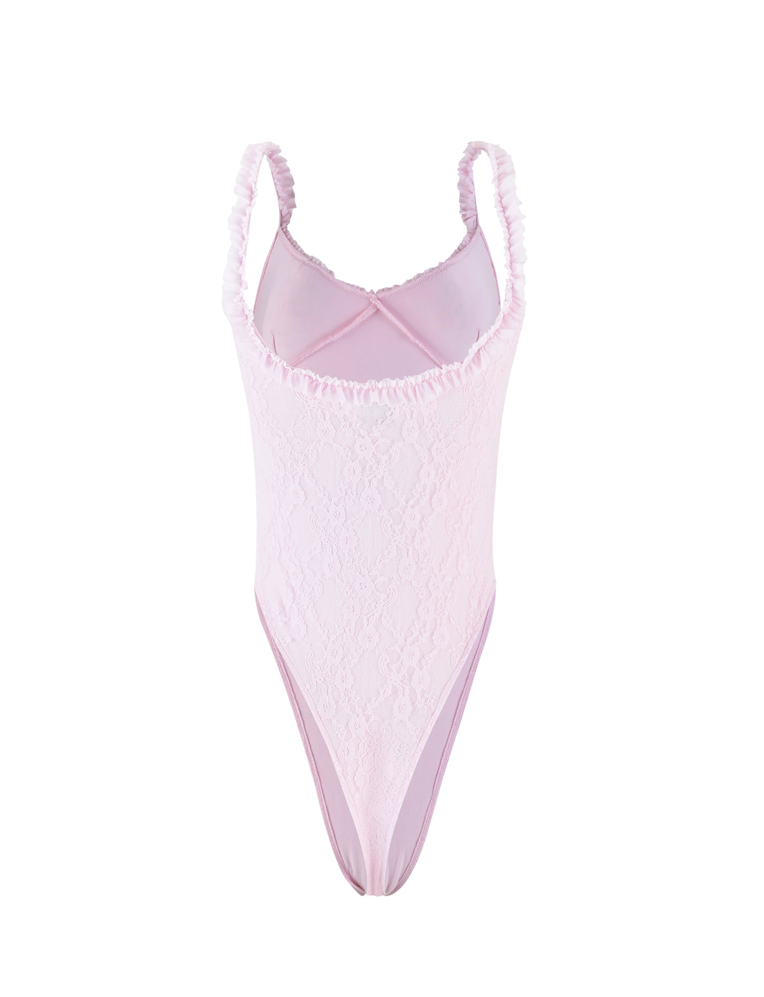 A TIGERMIST DEJA Bodysuit in pastel pink, featuring ruffled straps. This bodysuit boasts a low neckline and a high-cut leg design, crafted from delicate lace fabric, delivering a feminine and elegant look.