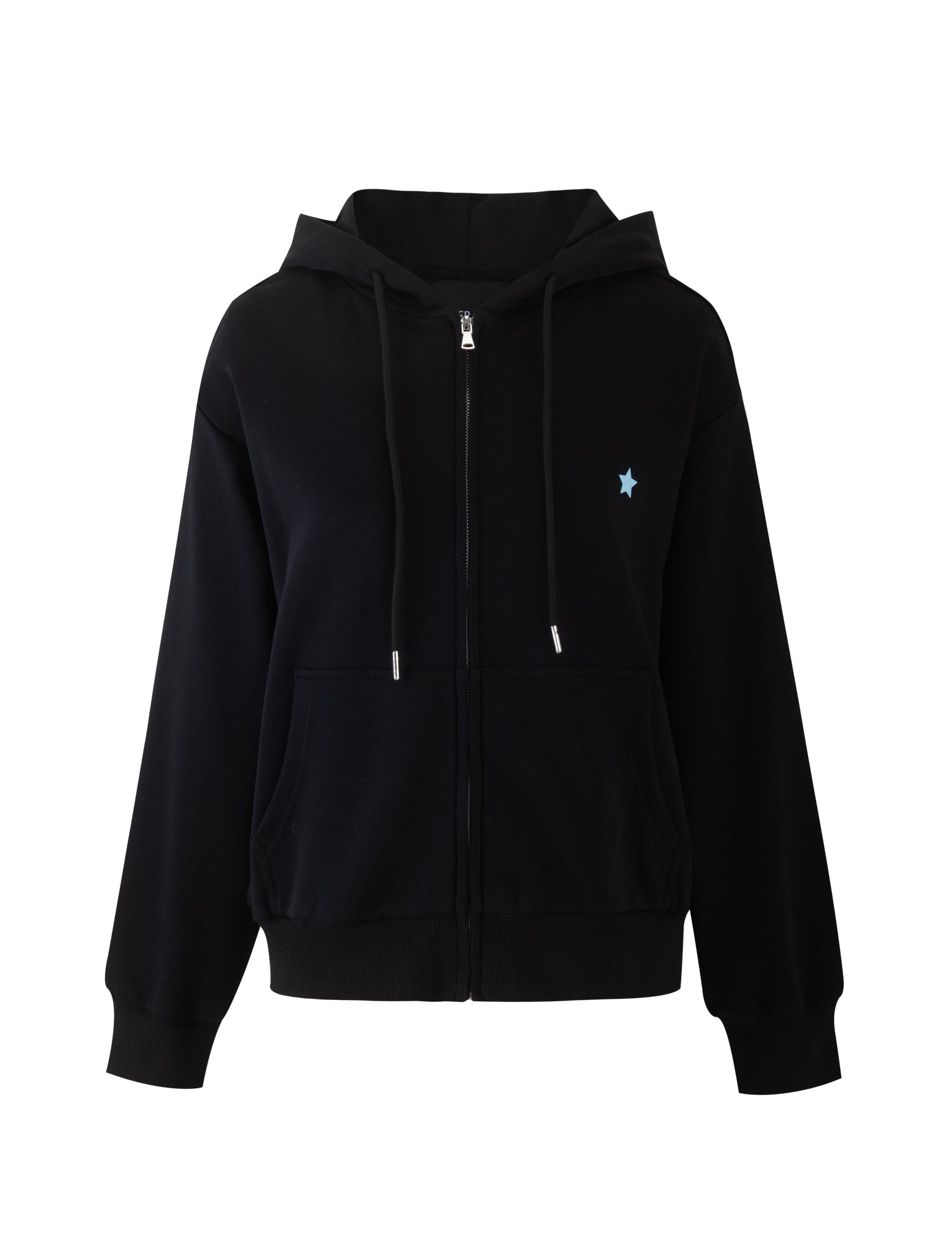 The TIGERMIST ALISH HOODIE in black features a front zipper and two pockets. It has a small light blue star on the left chest area. The hood comes with a drawstring, and the sleeves and hem are finished with ribbed cuffs. The hoodie is showcased against a plain white background.