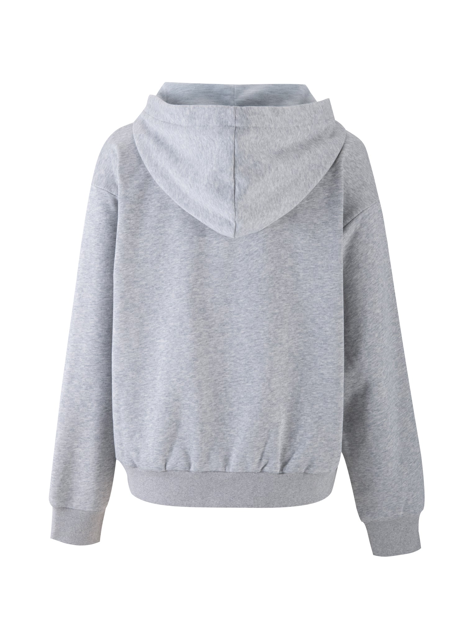 A back view of the ALISH HOODIE in Grey Marle by TIGERMIST. This plain, light gray hoodie features a drawstring hood, long sleeves, and ribbed cuffs and hem. The fabric appears soft and comfortable, making it perfect for casual wear.