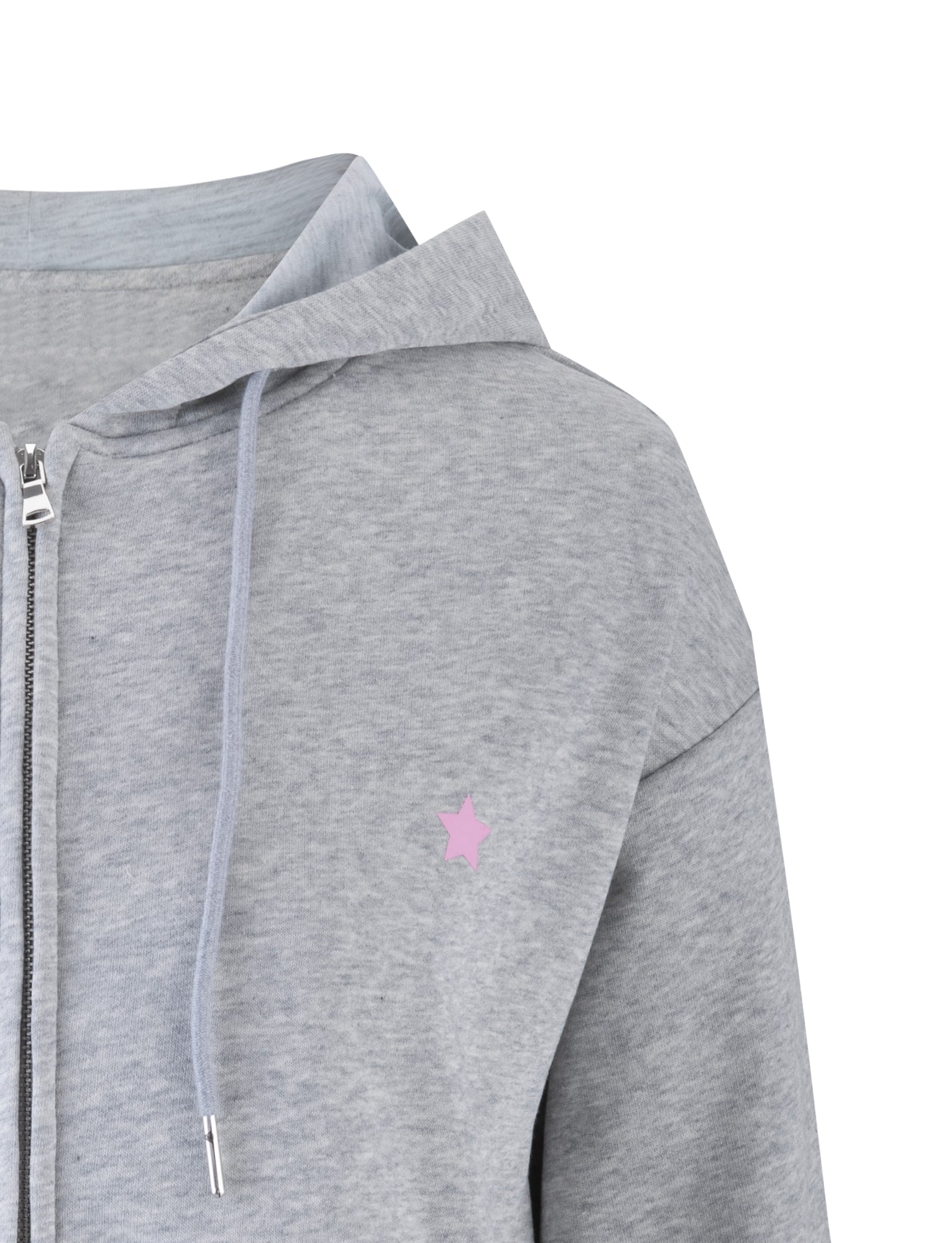 Close-up of the light gray "ALISH HOODIE - GREY : GREY MARLE" zip-up hoodie by TIGERMIST, featuring a hood and drawstrings with a small pink star on the left side of the chest.