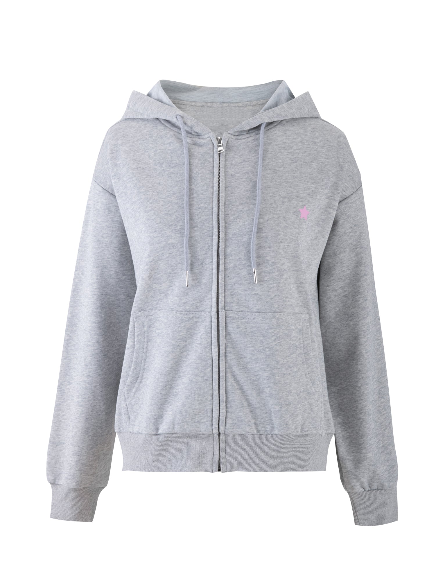 The ALISH HOODIE - GREY : GREY MARLE by TIGERMIST is a light gray zip-up hoodie featuring a front zipper, adjustable drawstrings, and front pockets. It is adorned with a subtle pink heart logo on the left chest area. The fabric appears soft and comfortable, making it ideal for casual wear.