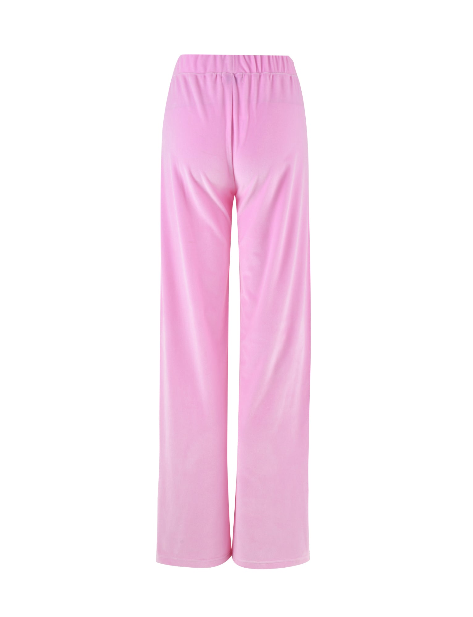 Rear view of the ERICKA PANT - PINK : BABY PINK by TIGERMIST, featuring high-waisted, wide-leg pants made from a soft, light pink fabric. The pants have an elastic waistband and a smooth, flowing texture.