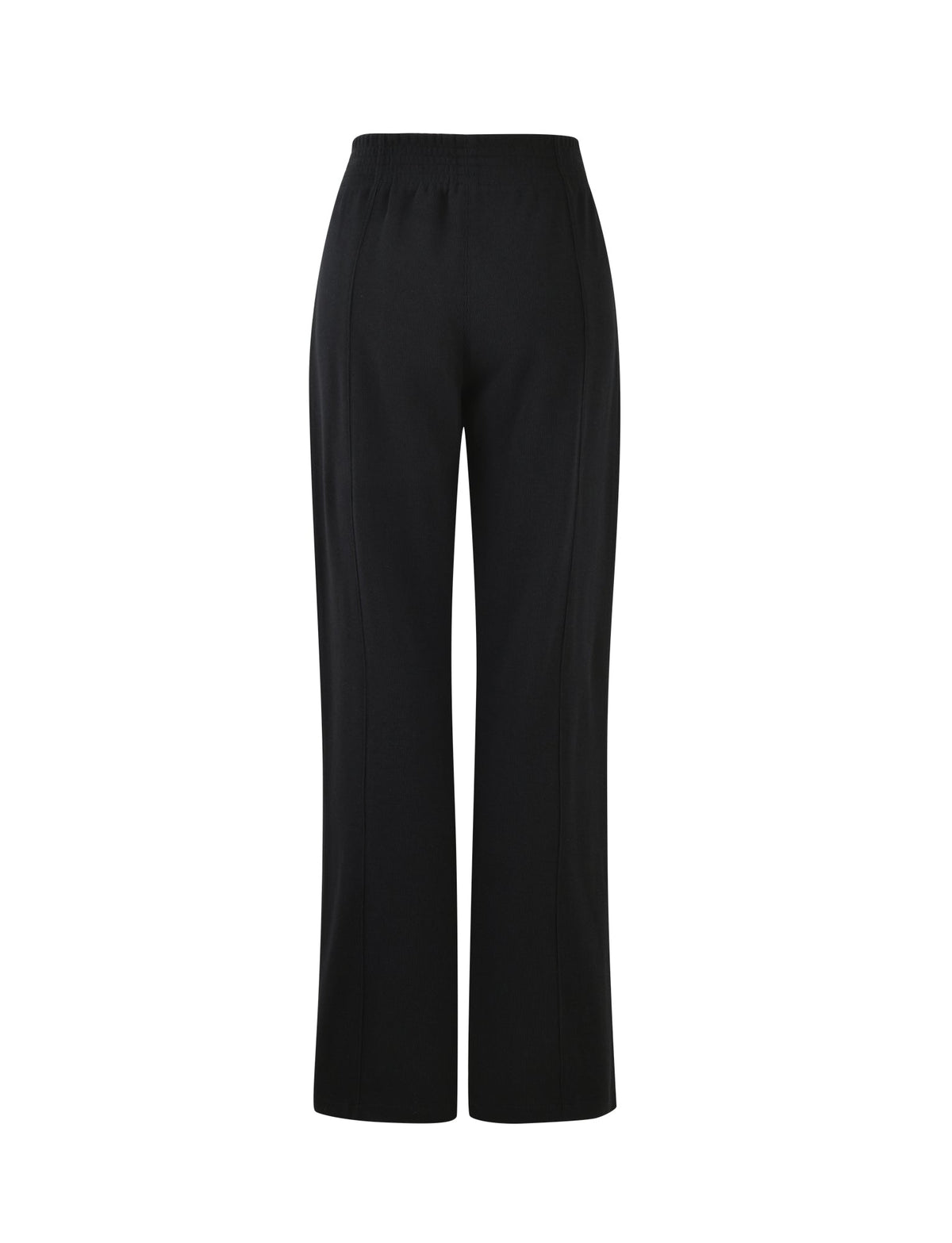 The VERDA PANT - BLACK from TIGERMIST is showcased against a plain white background. These high-waisted, wide-leg pants are crafted from smooth fabric and come with an elastic waistband.
