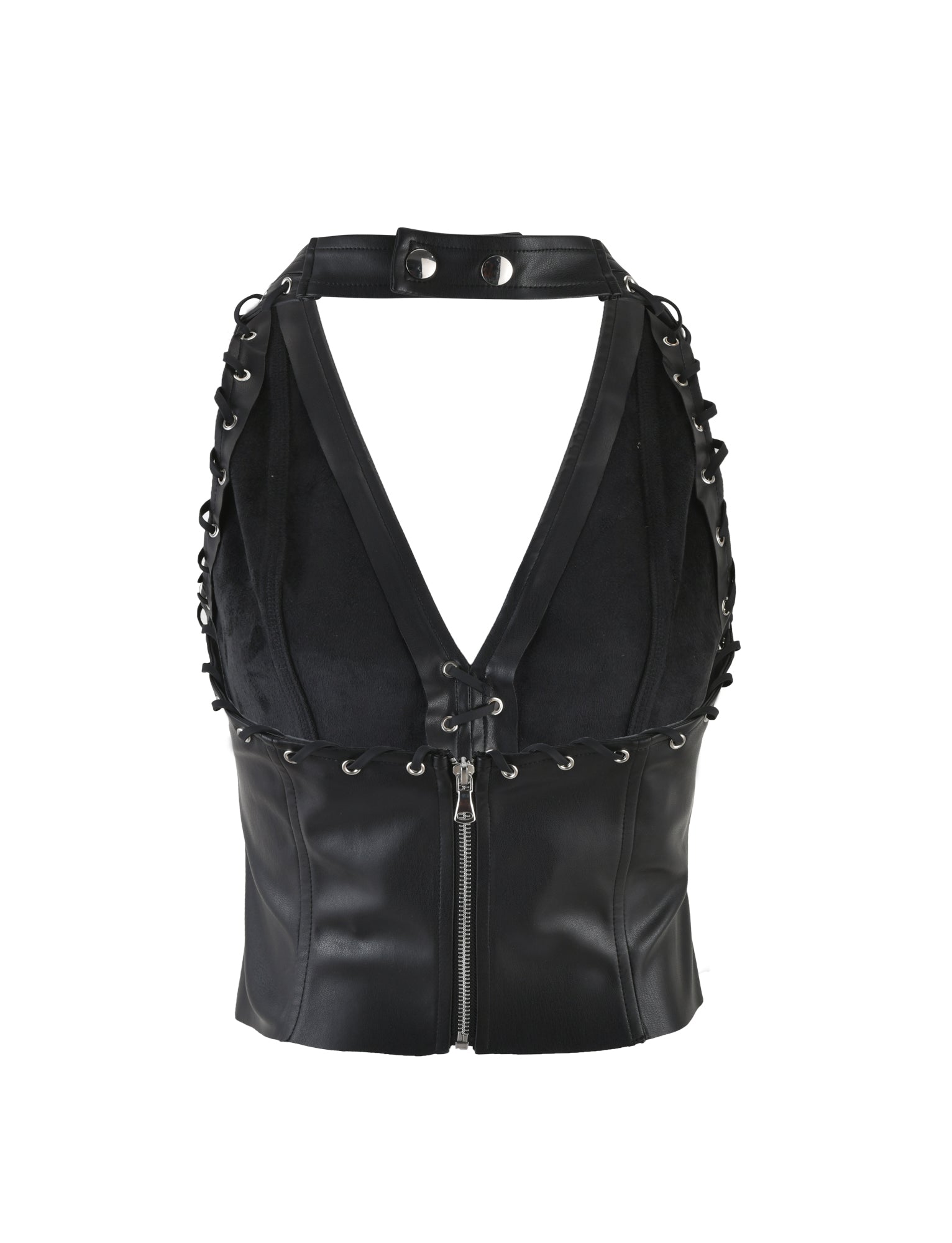 Introducing the Bosco Top in black by Tigermist: a black leather halter vest with a plunging V-neckline, adorned with metal eyelets and lacing along the edges. This stylish piece features a front zipper closure and a buckle strap at the neck, combining both edgy and fashionable elements.