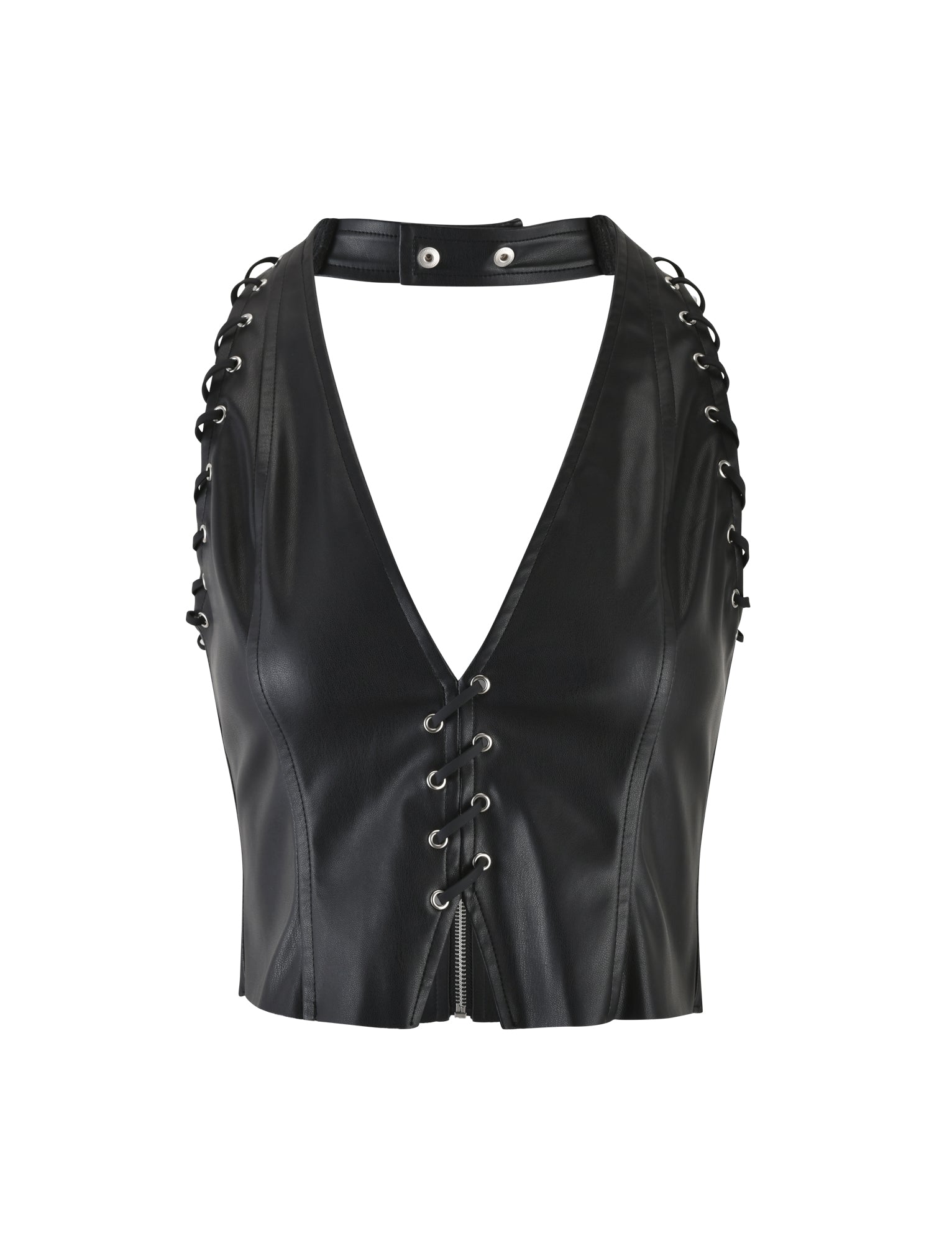 This image showcases the BOSCO TOP in black PU from TIGERMIST. The top features a deep V-neckline with a lace-up front detail and metallic eyelets. It has a sleeveless design, snap buttons securing the neckline, and is styled in a cropped fit.