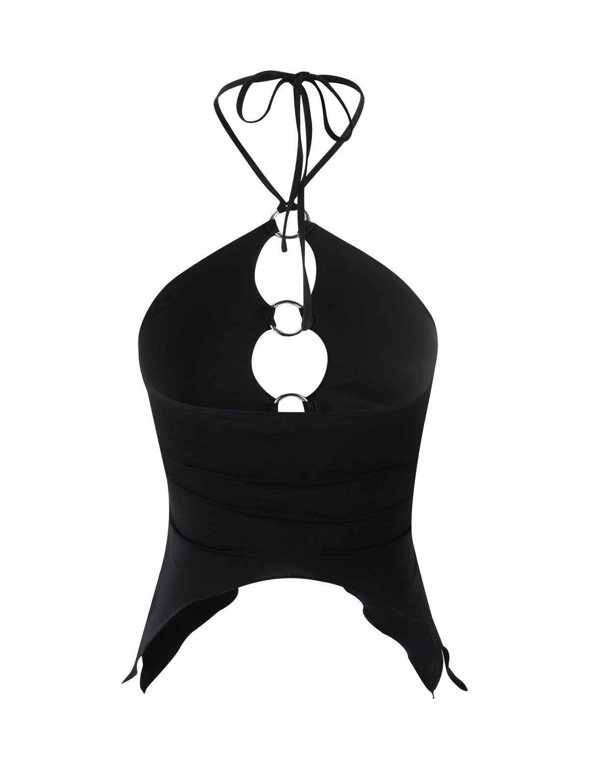 The TERI TOP - BLACK from TIGERMIST is a black halter top with a heart-shaped neckline and two circular metal rings at the chest. Its fitted design features asymmetric edges at the lower hem and straps that tie behind the neck, perfectly blending edgy and elegant styles.
