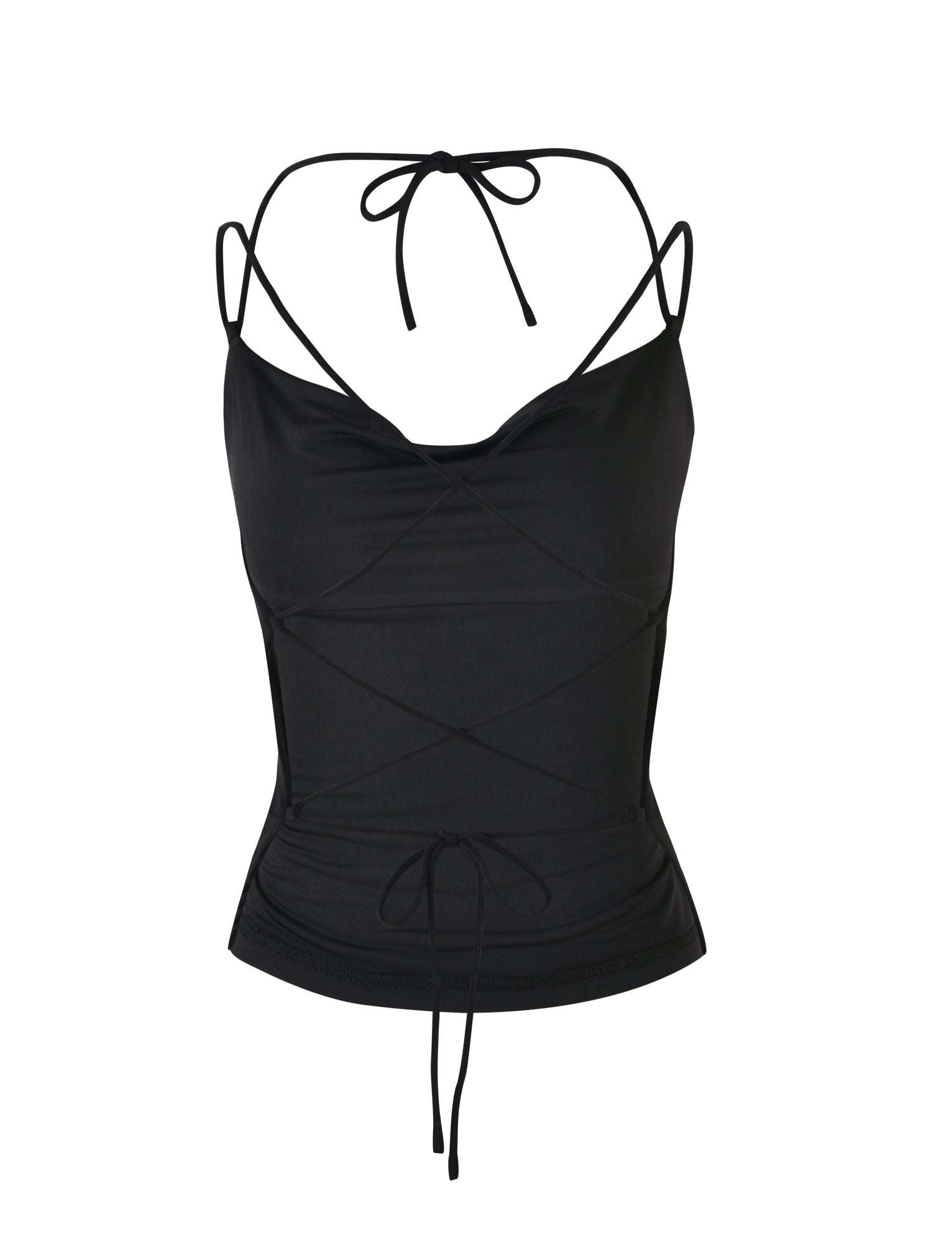 Introducing the ZAIDA TOP - BLACK from TIGERMIST: This black, sleeveless spaghetti strap top features a halter neckline and lace-up detailing on the front. The fabric is slightly fitted, with thin straps that tie at both the back of the neck and the lower back.