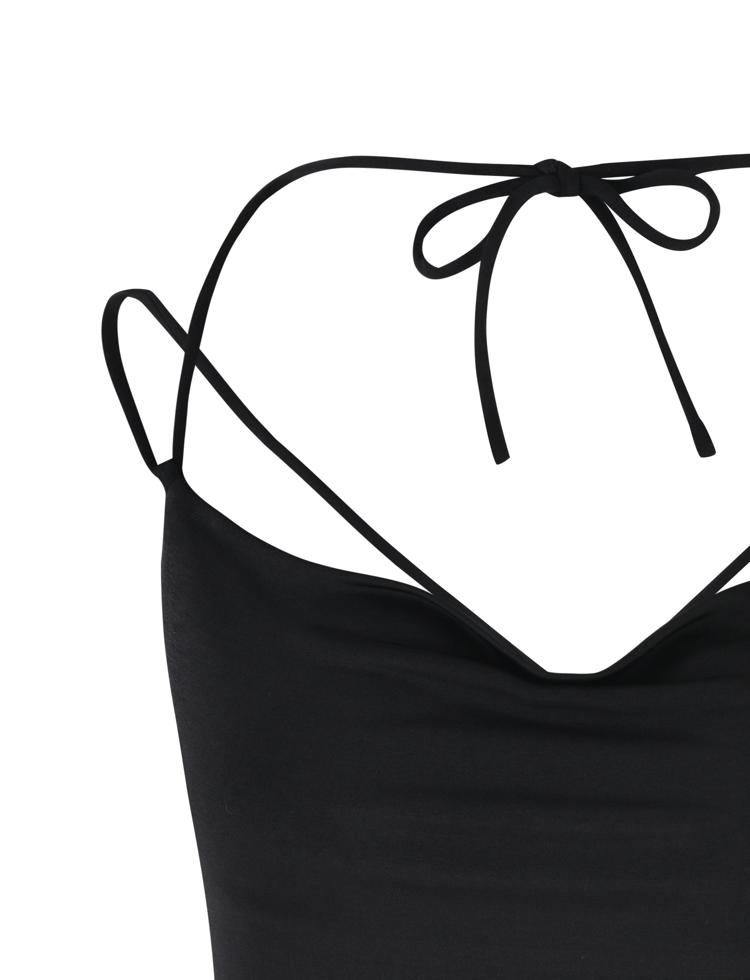 Close-up image of the ZAIDA TOP - BLACK from TIGERMIST, featuring spaghetti straps and an extra thin strap that ties into a bow behind the neck. The upper portion of the garment is shown against a plain white background.