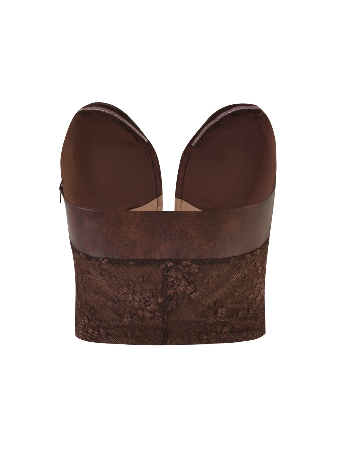 A burgundy leather and lace WILDER TOP from TIGERMIST, viewed from the front, features a leather upper section and a floral lace detailed lower section. The inner lining is visible at the top where the corset opens.