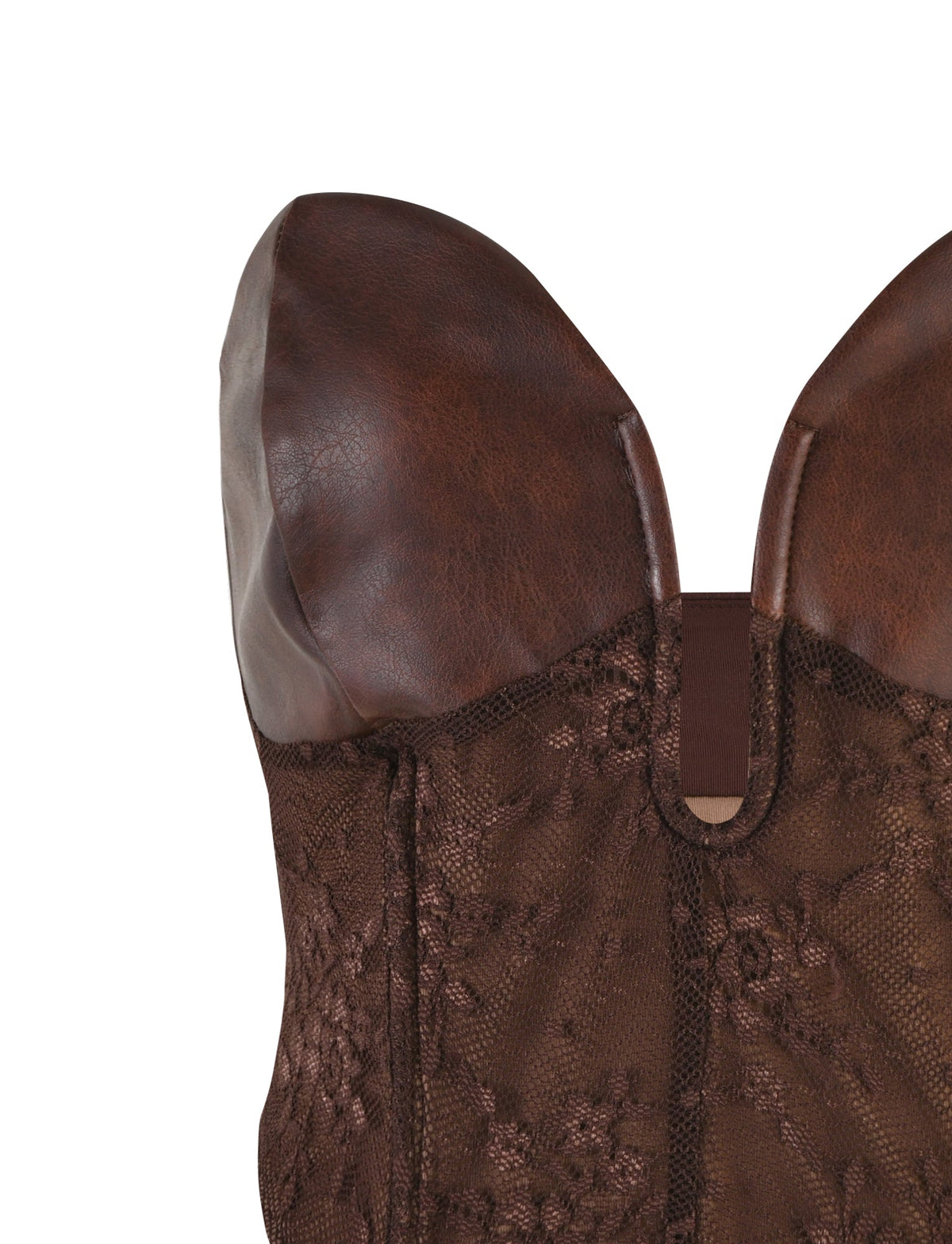 Close-up of a TIGERMIST WILDER TOP featuring a red brown color with floral lace detailing. The leather material covers the bust area, creating a sleek, contrasting look with the lace fabric beneath it. The image captures the sophisticated, textured design.