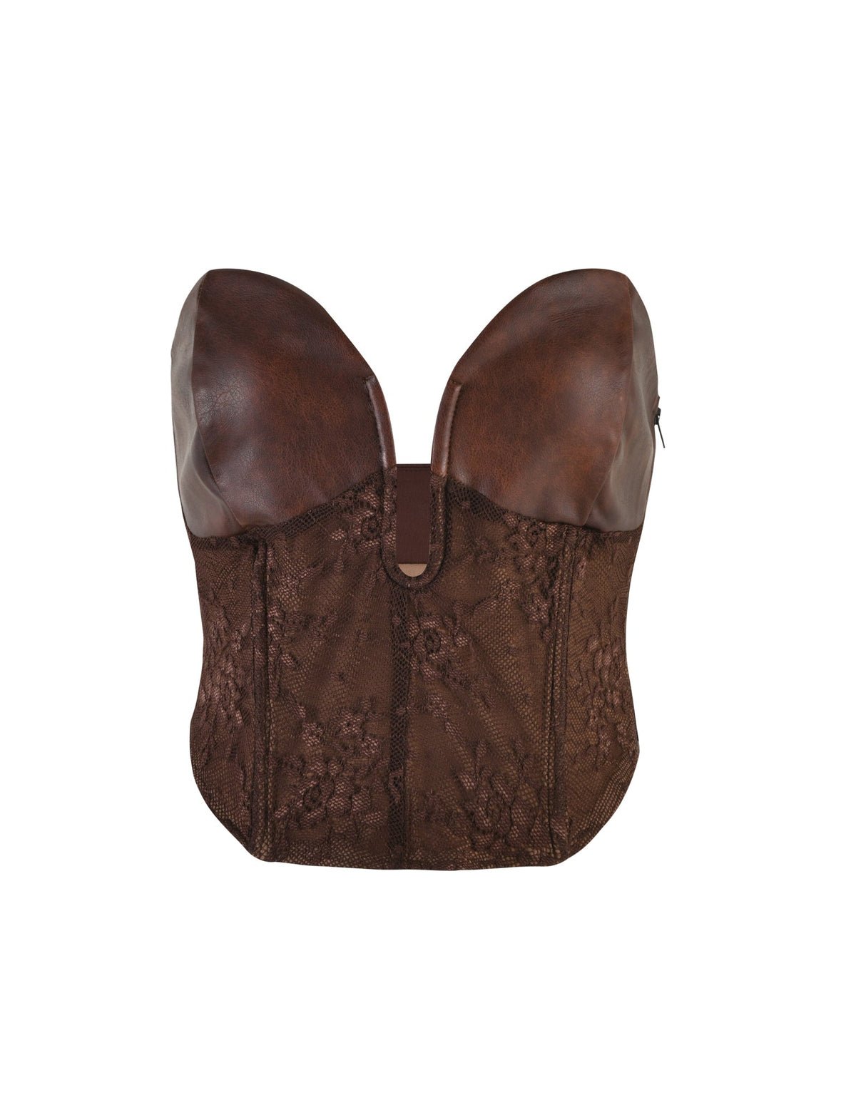 The WILDER TOP by TIGERMIST in a red-brown hue blends luxurious leather and lace with a deep V-neckline, showcasing detailed floral lacework on the bodice and structured leather on the bust.