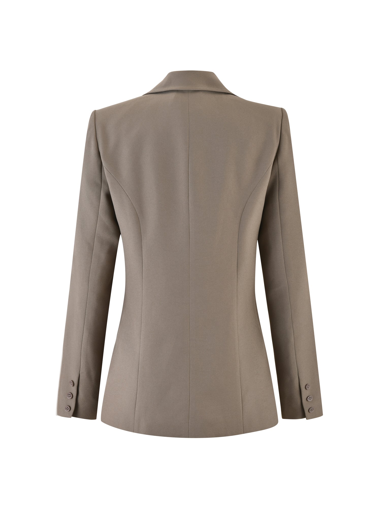 Back view of the MARJORIE JACKET in Moss Green Khaki from TIGERMIST. The jacket features a fitted design with darting for a contoured shape, button details on the cuffs, and a classic lapel collar. The fabric appears smooth and structured.