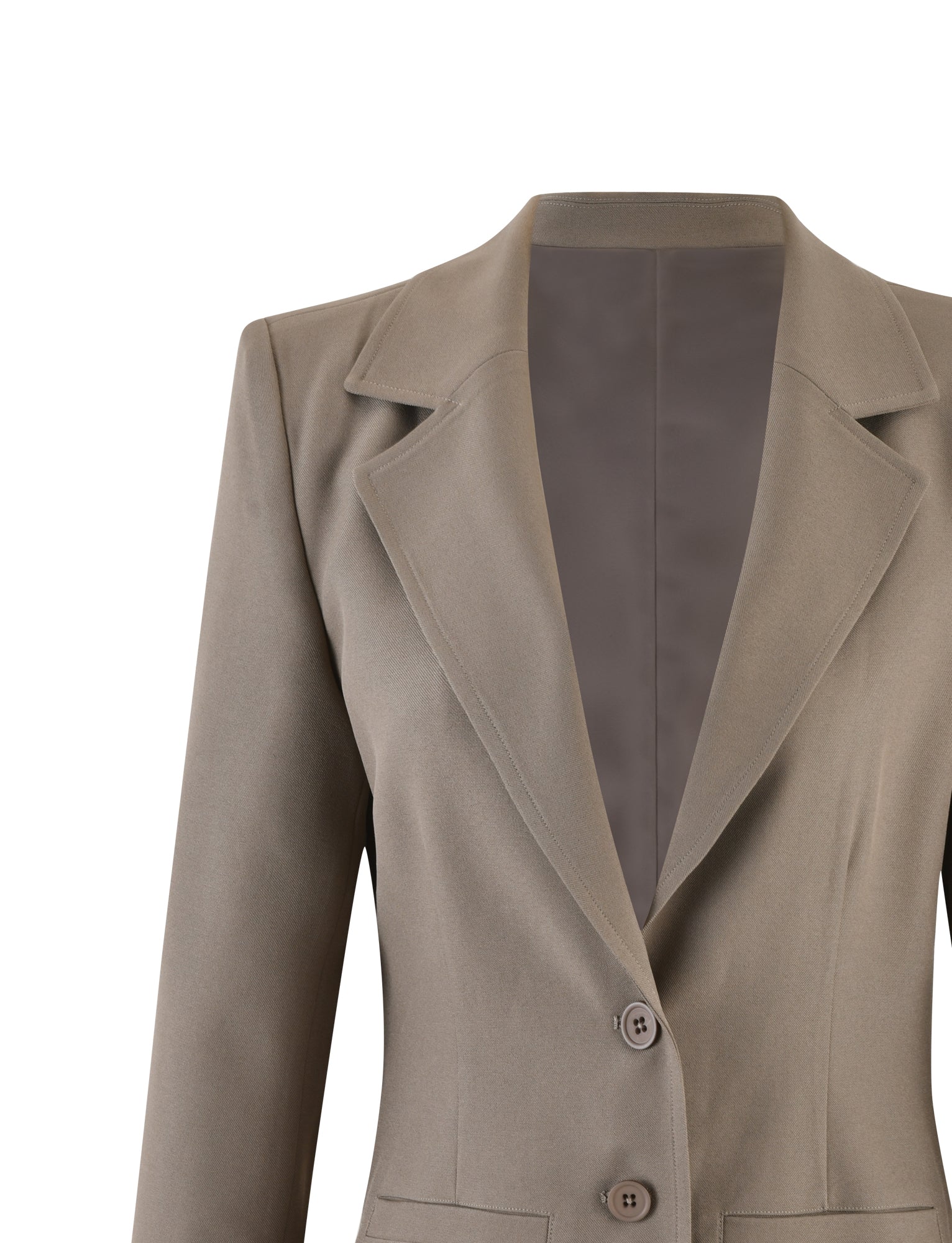 A khaki green Marjorie Jacket from TIGERMIST with long sleeves and a notched lapel collar is fastened with two buttons. The jacket features two front pockets and has a structured fit. The inside lining is a lighter green shade, set against a white background.