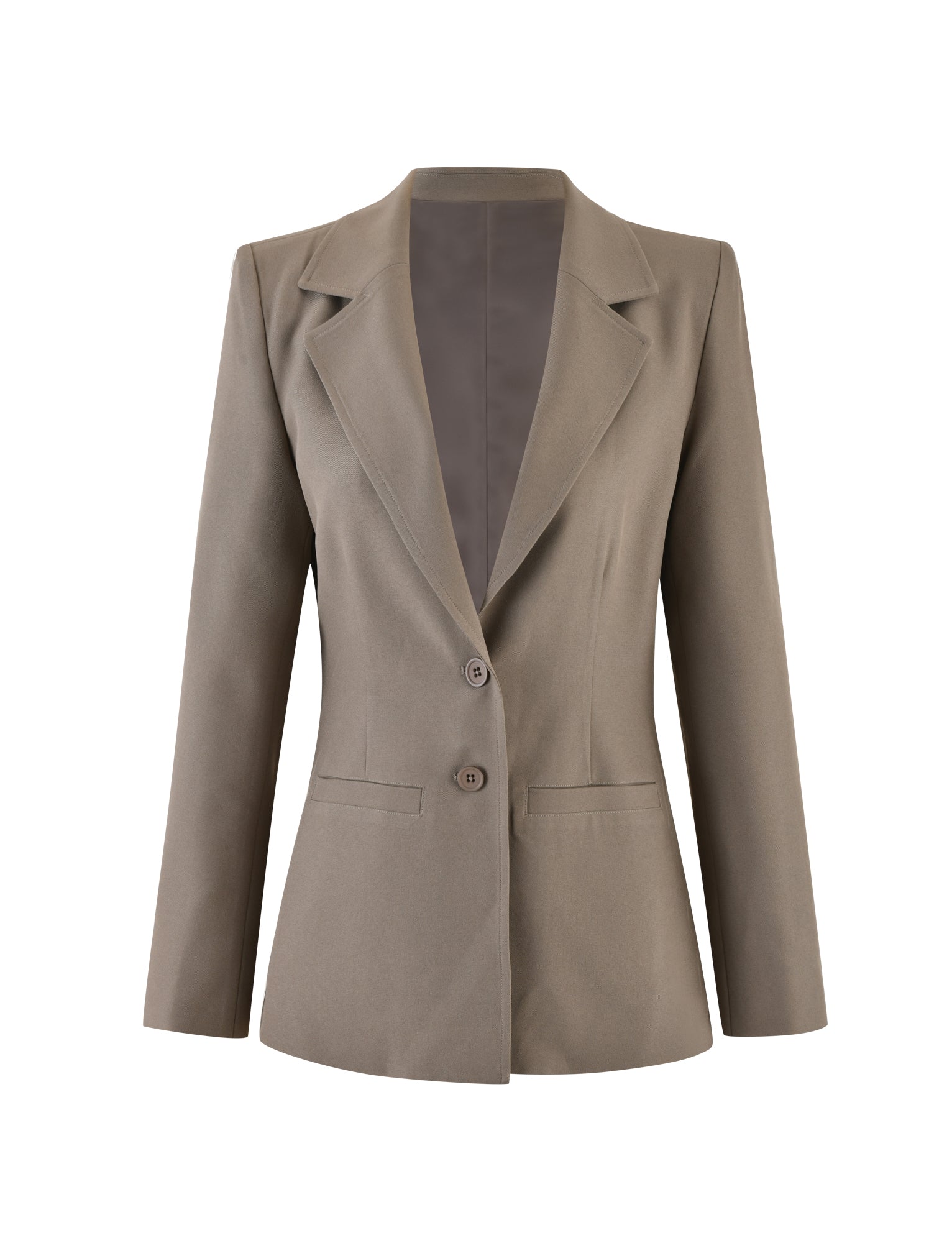 A khaki women's blazer from TIGERMIST, named the MARJORIE JACKET in moss green, is shown against a plain white background. The blazer has a notched collar, two front buttons for closure, and two front pockets. It features long sleeves and a tailored fit.