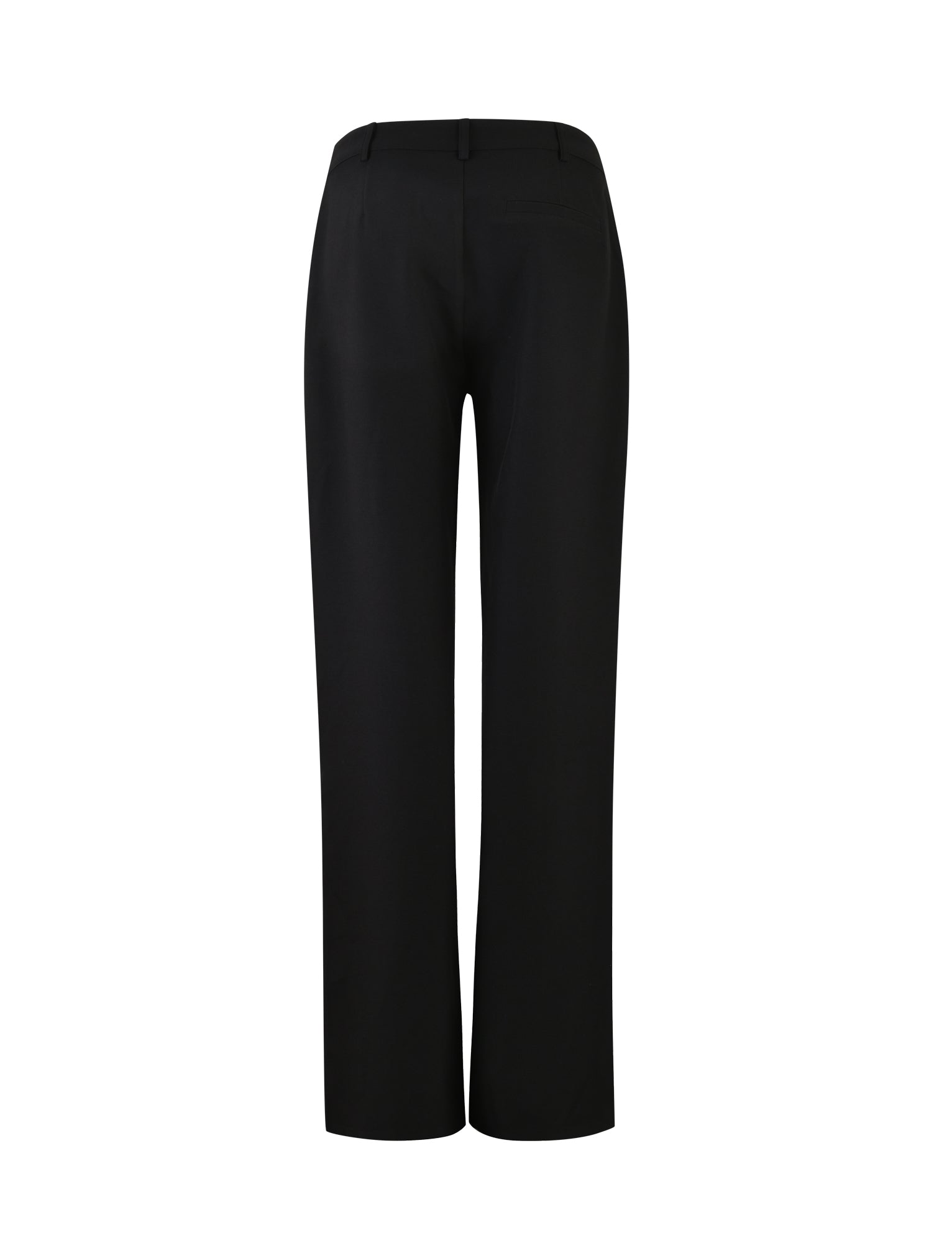 A rear view of the MARJORIE PANT - BLACK by TIGERMIST, a pair of black, full-length dress pants with a straight cut. These pants feature a waistband with belt loops and two back welt pockets, offering a smooth, tailored appearance perfect for formal or business attire.