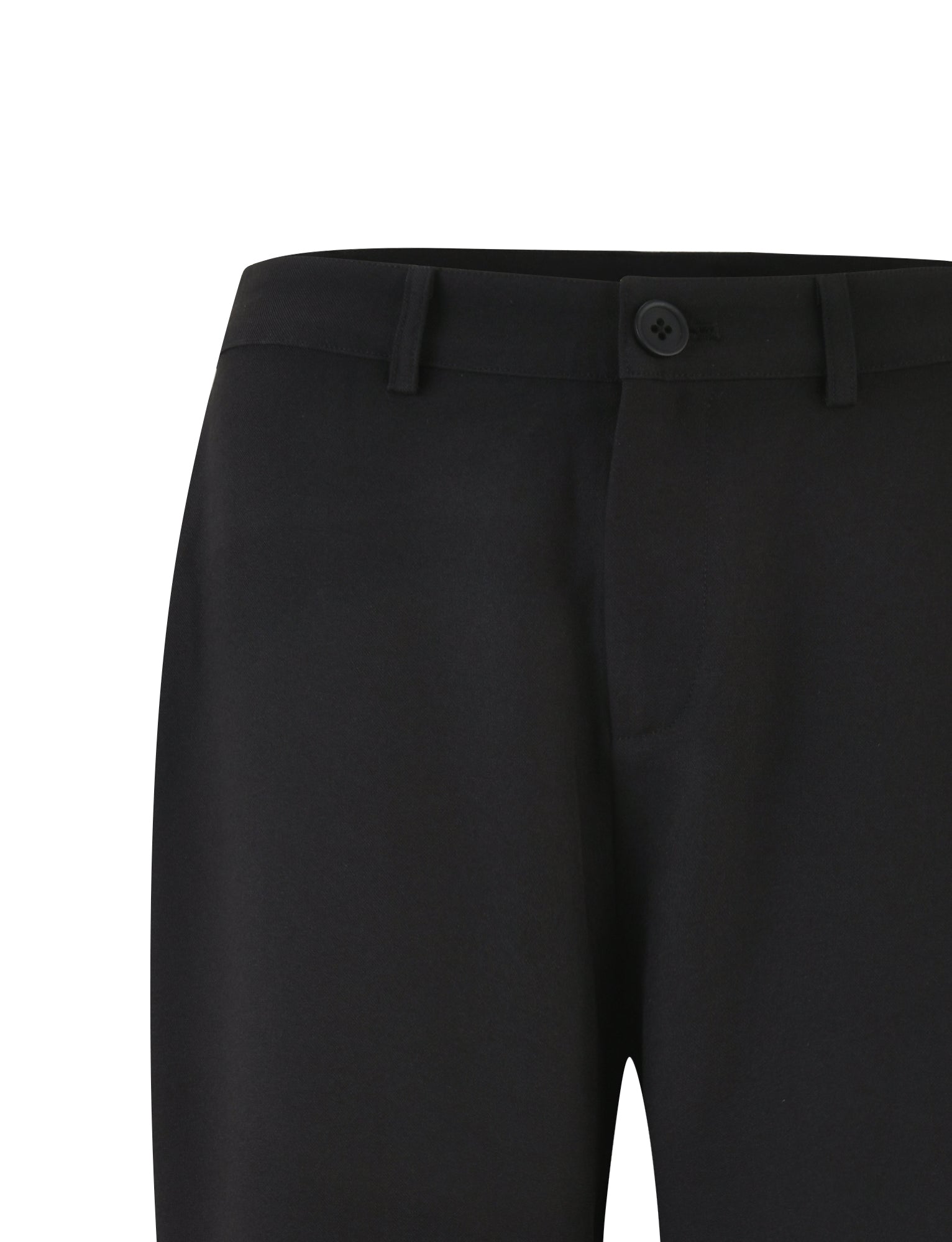 A cropped image of the waist and upper legs portion of the MARJORIE PANT - BLACK from TIGERMIST features belt loops, a button closure, and a zipper fly. The fabric appears smooth and slightly glossy.