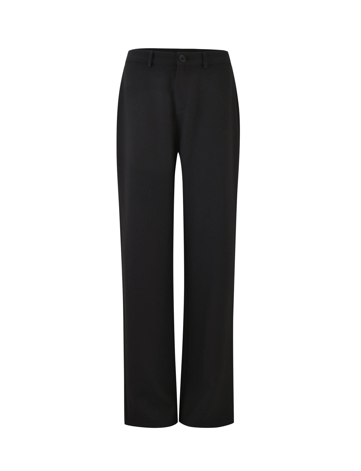 The MARJORIE PANT - BLACK by TIGERMIST is a pair of black dress pants featuring a straight-leg fit. They include a button and zipper closure, belt loops, and are crafted from a smooth, formal fabric.