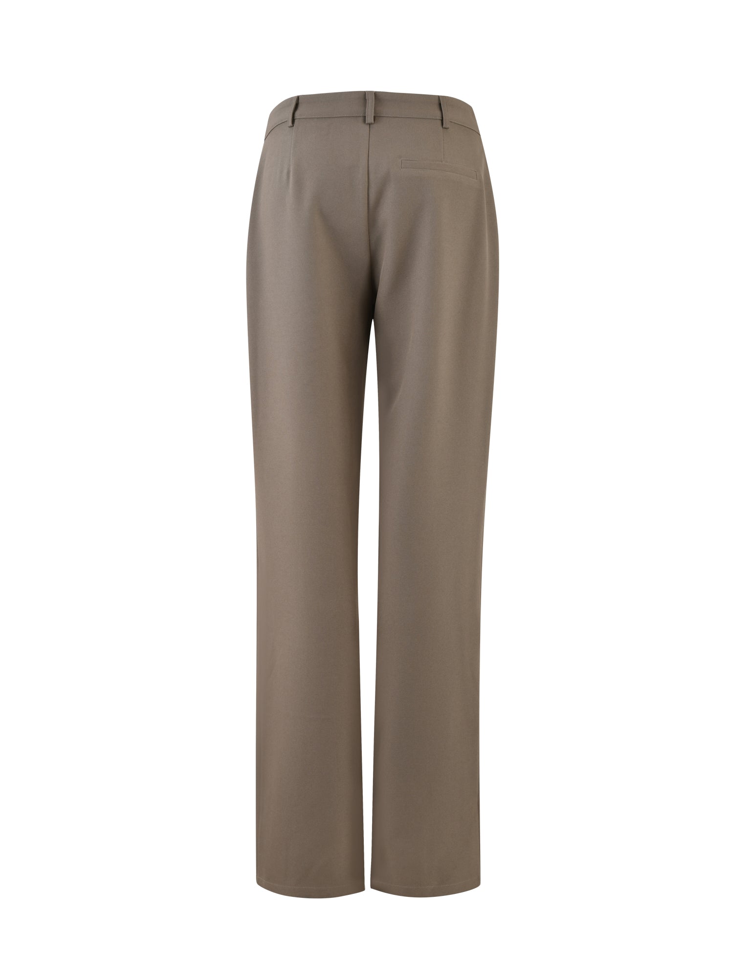 The MARJORIE PANT from TIGERMIST in moss green is showcased from the back, highlighting its belt loops and a single back pocket on the right side. These khaki pants feature a straight-leg design and a smooth finish, perfect for formal or business attire.