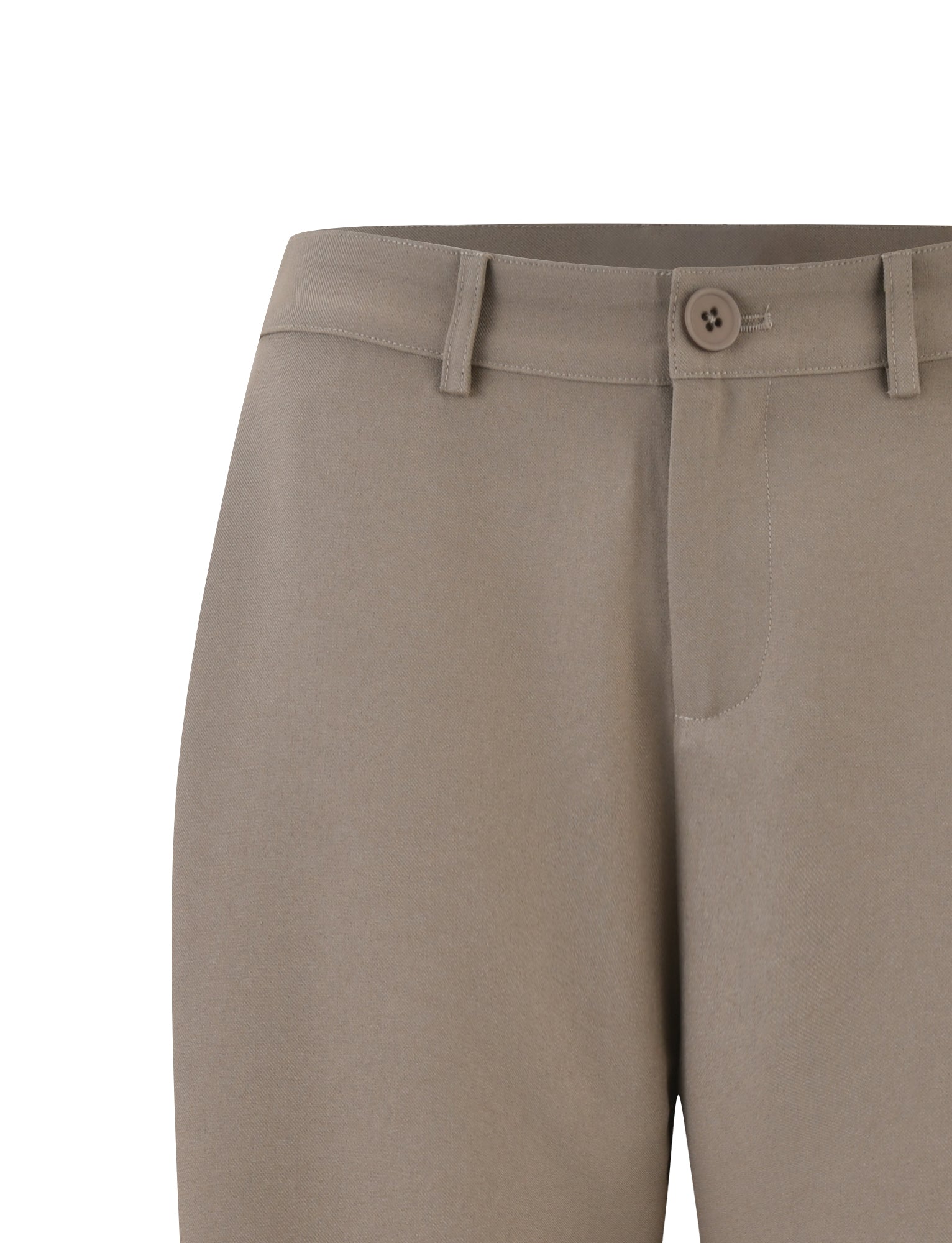 Close-up of TIGERMIST MARJORIE PANT in moss green khaki, featuring a button and zip closure, belt loops, and a plain design. The image shows the upper part of the trousers, focusing on the waistband and button detail.