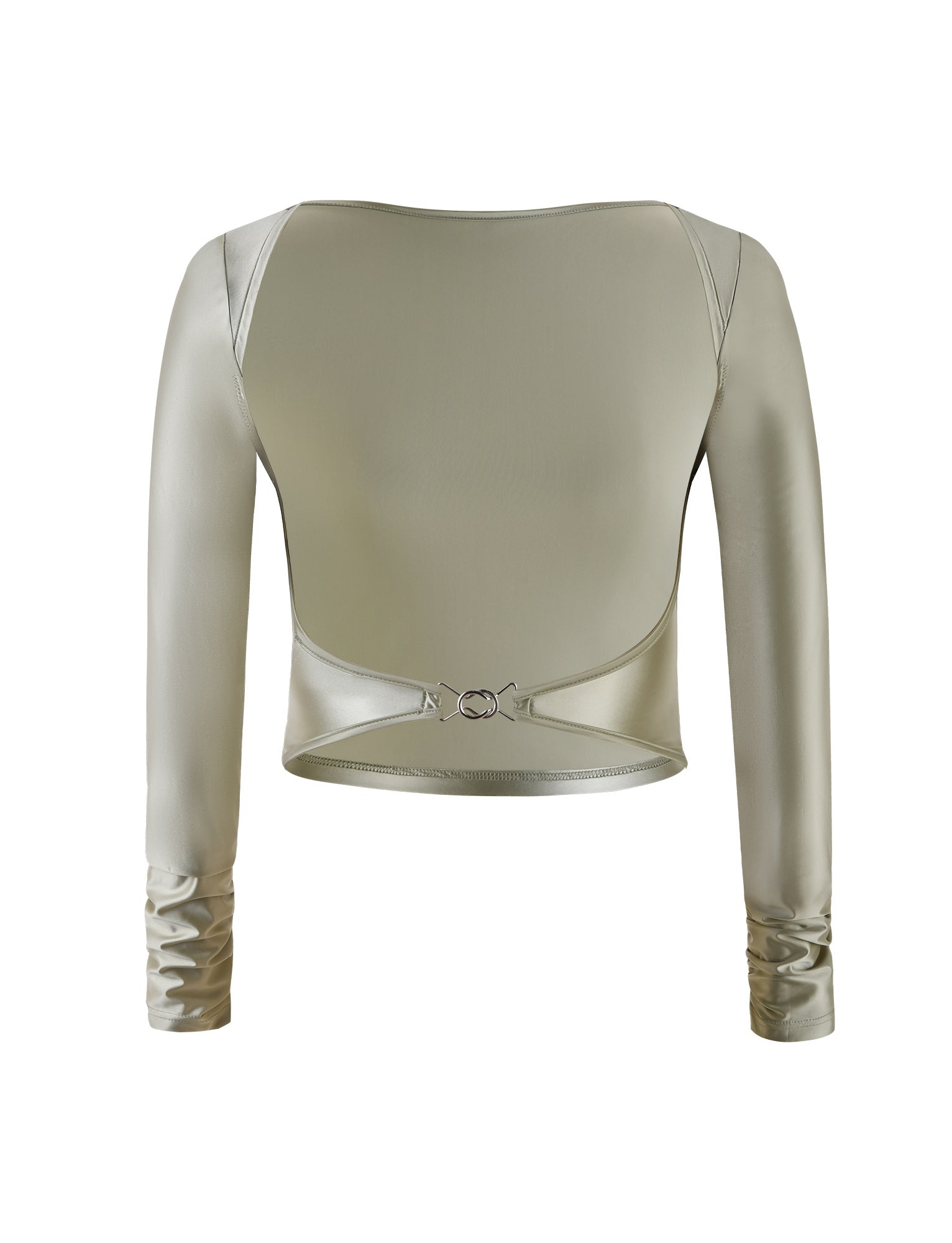 Here's a rephrased version of the sentence using the provided product data:
A back view of a long-sleeved, matcha green crop top from Tiger Mist's Thessaly collection, showcasing a sheer panel at the upper back and a small metallic clasp in the middle of the lower back. The sleeves are detailed with ruched accents near the wrists.