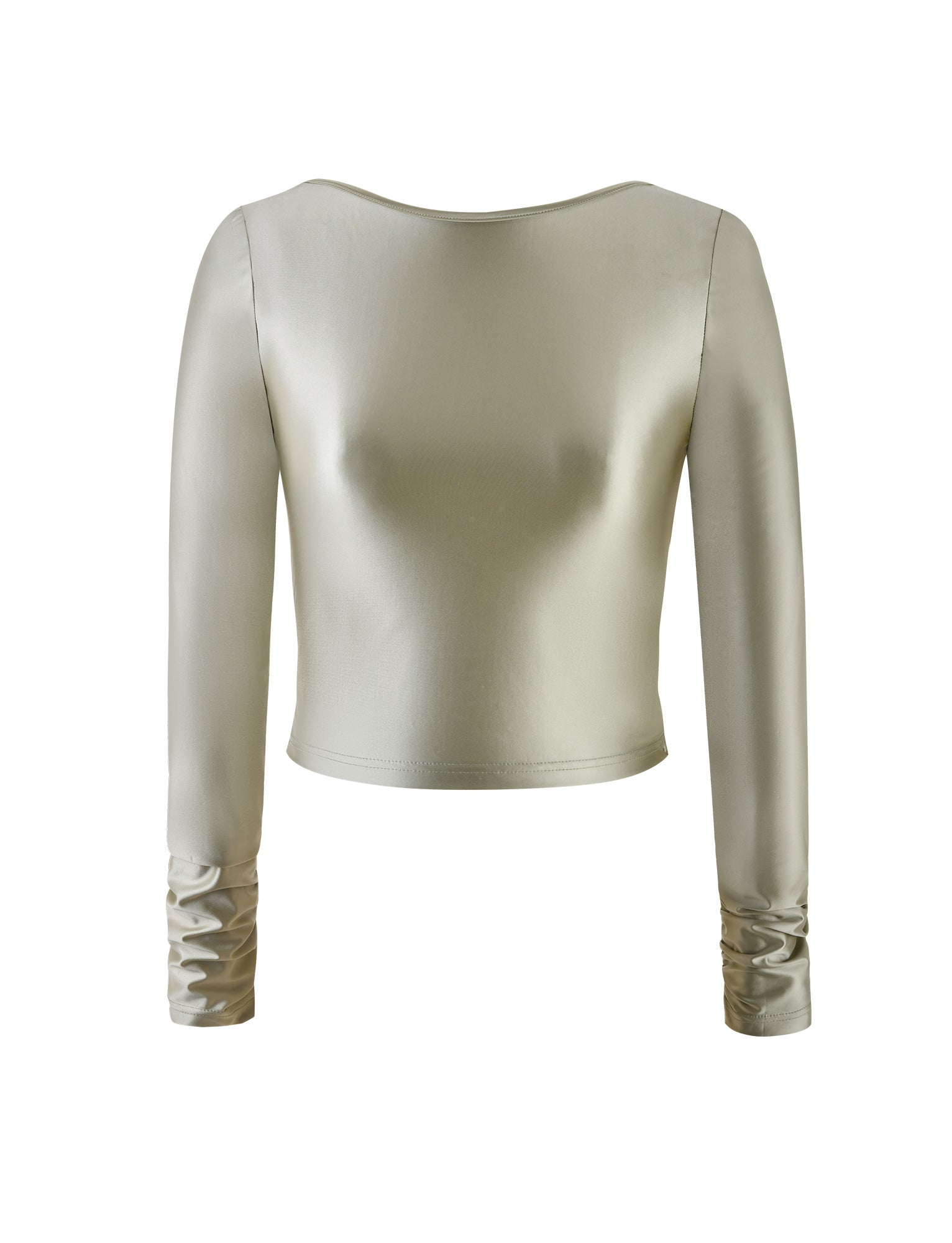 A long-sleeved, satin crop top in matcha green by TIGERMIST. The design features a boat neckline and a fitted silhouette with ruched detailing on the sleeves near the cuffs. The fabric has a smooth and shiny finish.