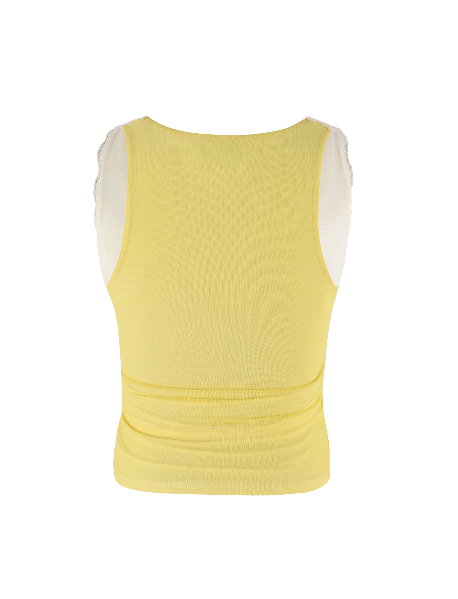 The Tiger Mist EMBERLY TOP in Yellow (Lemon) is a women's sleeveless top featuring delicate lace detailing on the shoulders and a view from the back. Made with stretchy, fitted fabric, it showcases smooth, seamless sides and has slight gathering on the upper back area for added texture.
