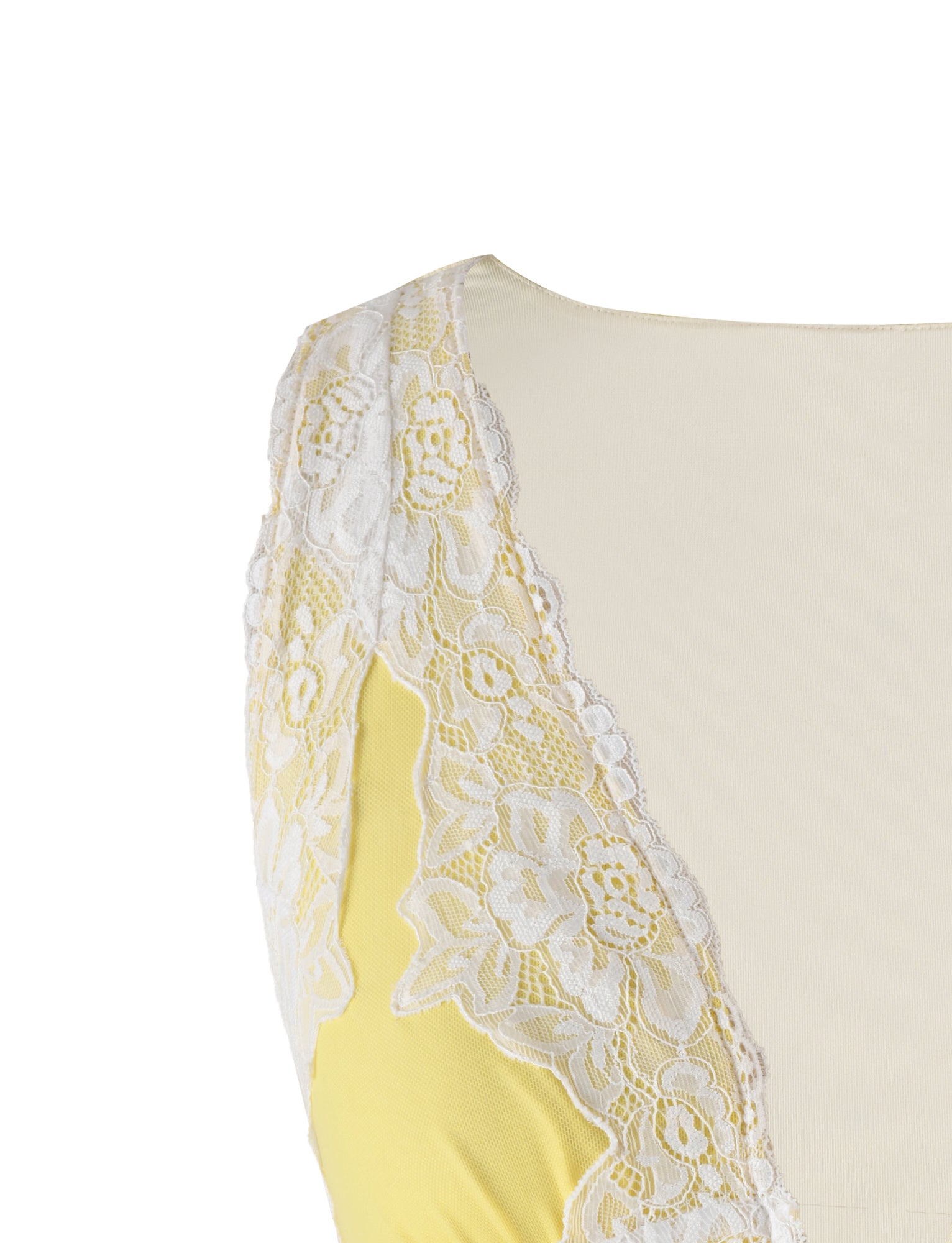 Close-up of the Emberly Top - Yellow : Lemon by Tiger Mist. The top features a sleeveless design with a yellow bodice and a sheer white lace overlay at the neckline and shoulders. The lace has floral patterns, adding a delicate and elegant touch to the outfit.