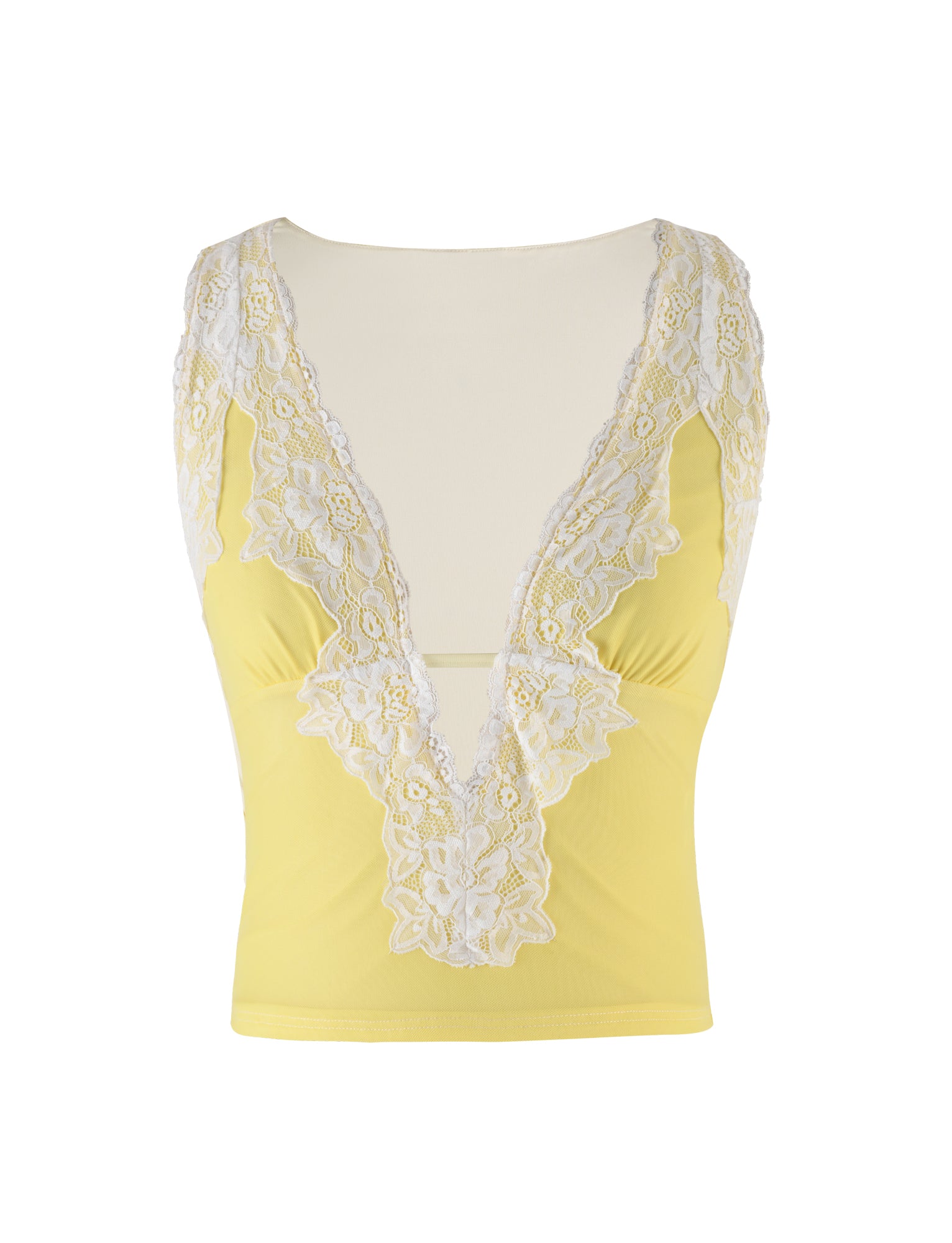 The EMBERLY TOP - YELLOW : LEMON by TIGERMIST is a yellow sleeveless top featuring a deep V-neckline adorned with intricate white lace trim that extends from the shoulders to below the bust. The lace incorporates a floral pattern, adding a delicate touch to the garment.