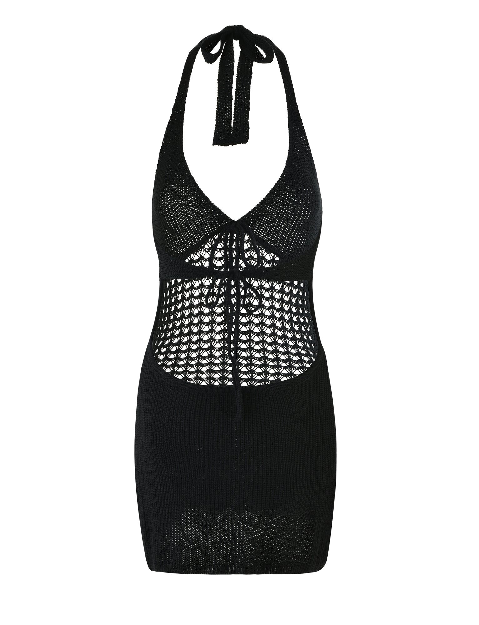 The DELTA MINI DRESS - BLACK by TIGERMIST showcases a halter neck with an adjustable tie closure at the back. This sleeveless knitted dress features a see-through crochet pattern around the bust and midsection, seamlessly transitioning to a solid knit from the waist down.