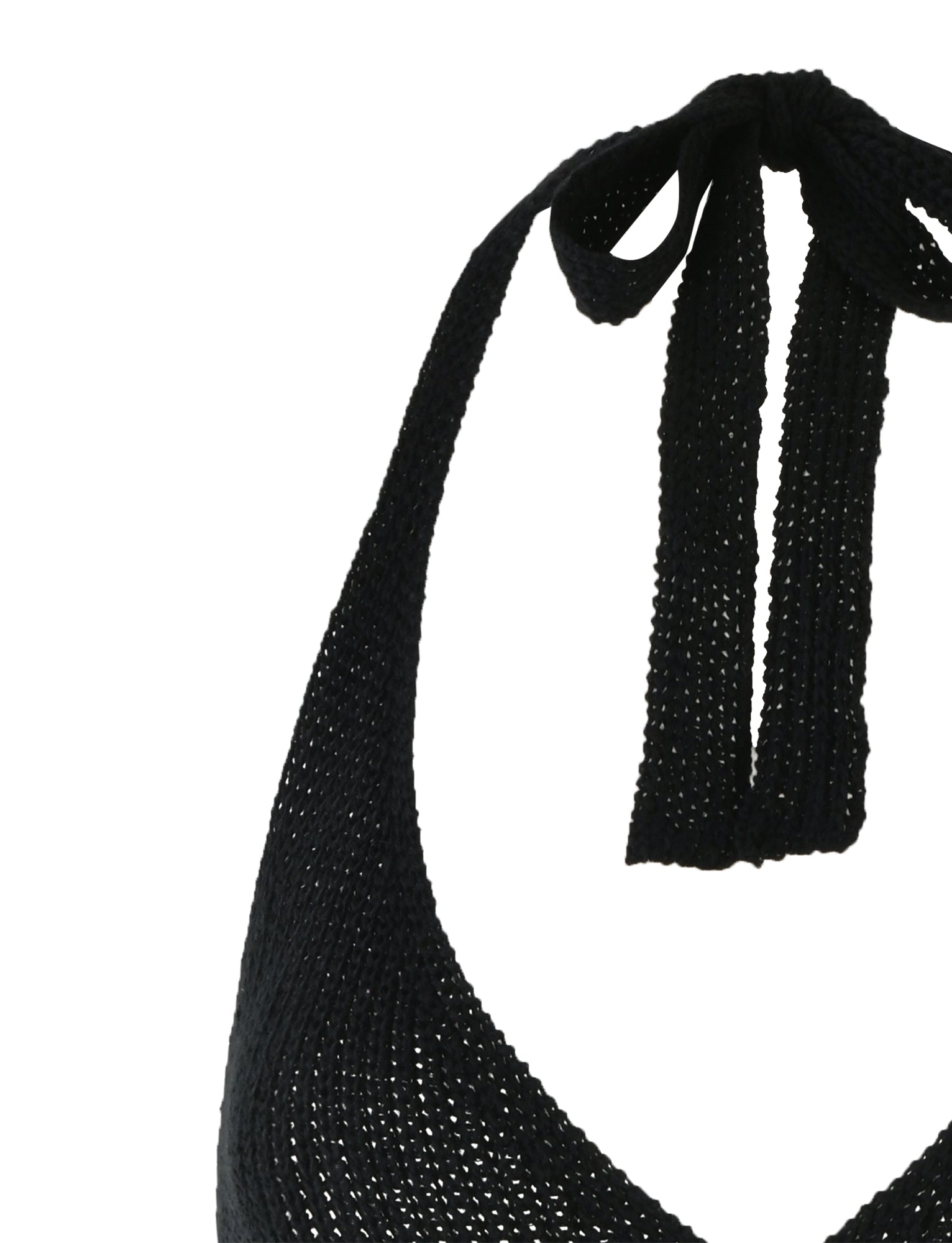 A black Delta Mini Dress from TIGERMIST featuring a textured knit design. The dress has a tied bow at the back of the neck, adding a stylish touch. The knit pattern gives the fabric a slightly raised, woven appearance. The upper part of the dress is visible in the image.