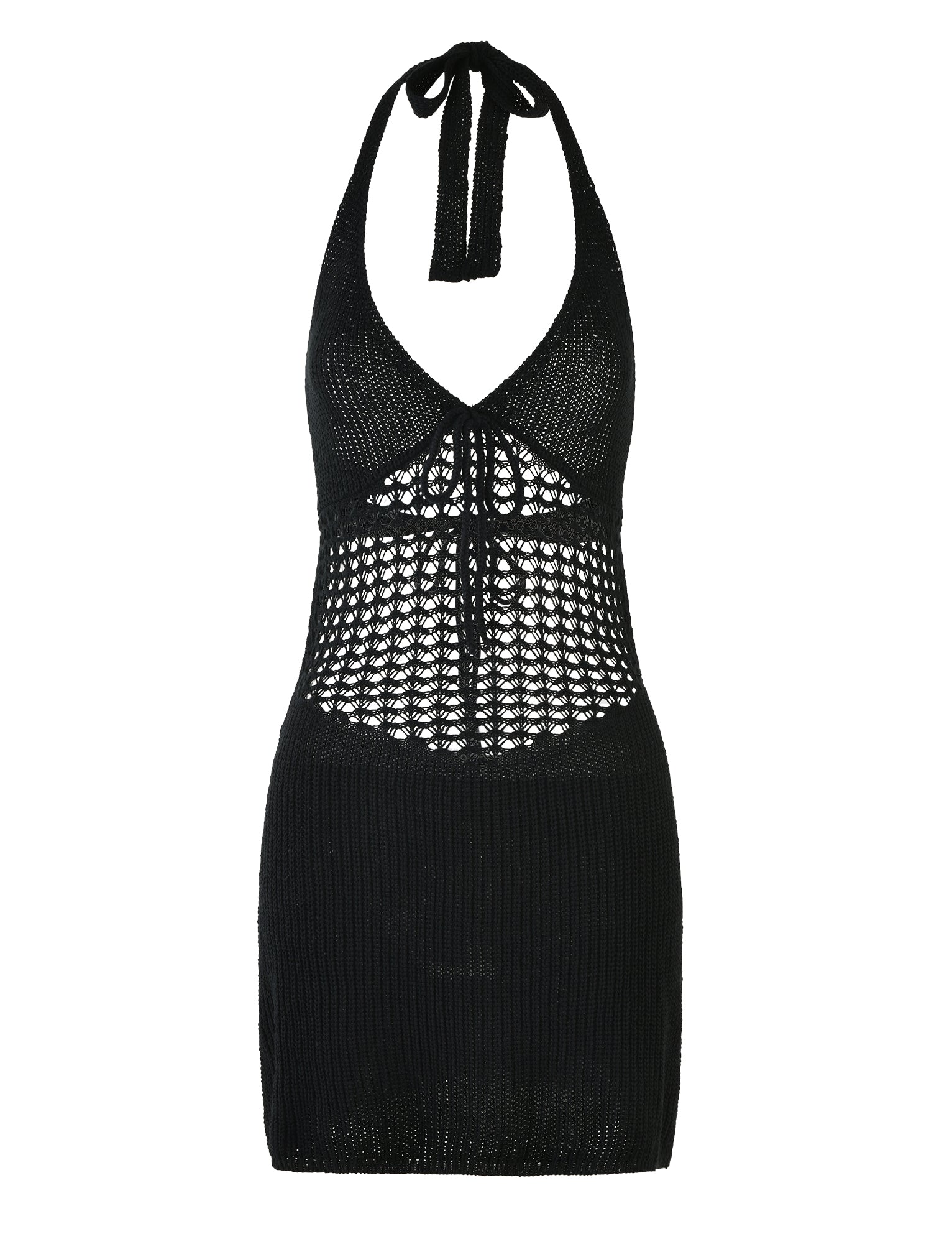 The DELTA MINI DRESS - BLACK from TIGERMIST is a black, knit halter dress featuring an open, lace-like pattern on the upper and midsection, with a solid knit on the lower half. It includes a tie at the neck and has a plunging neckline.