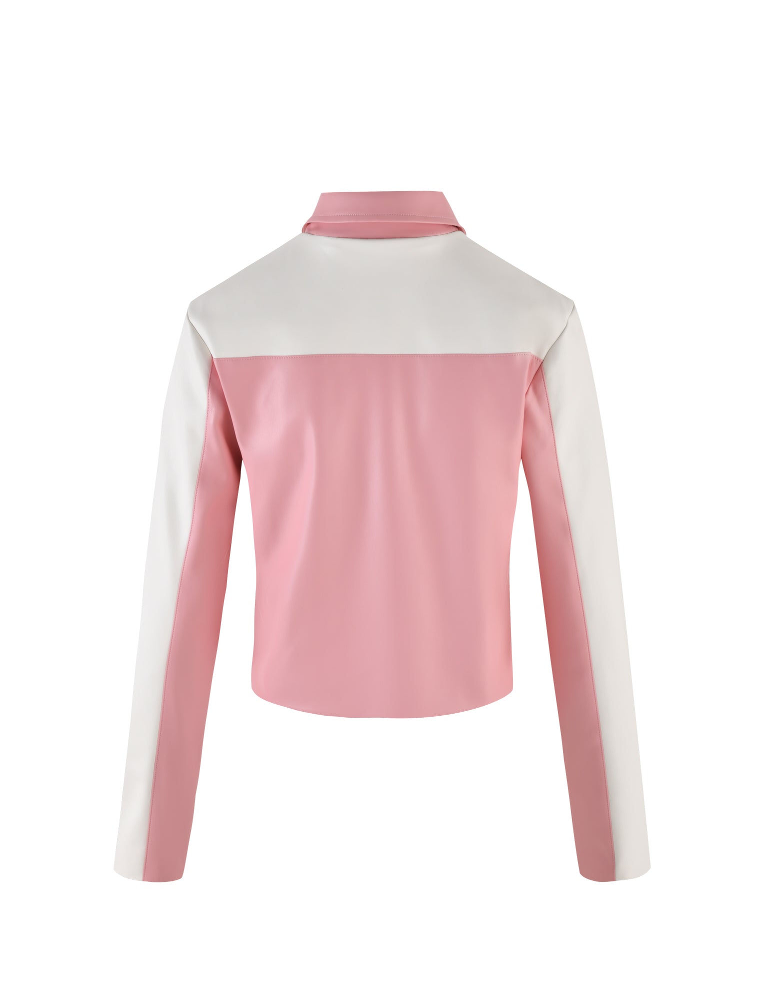 Back view of the TIGERMIST DELIA JACKET in pink with white accents on the upper back, shoulders, and sleeves. The jacket features a collar and a sleek, modern design.