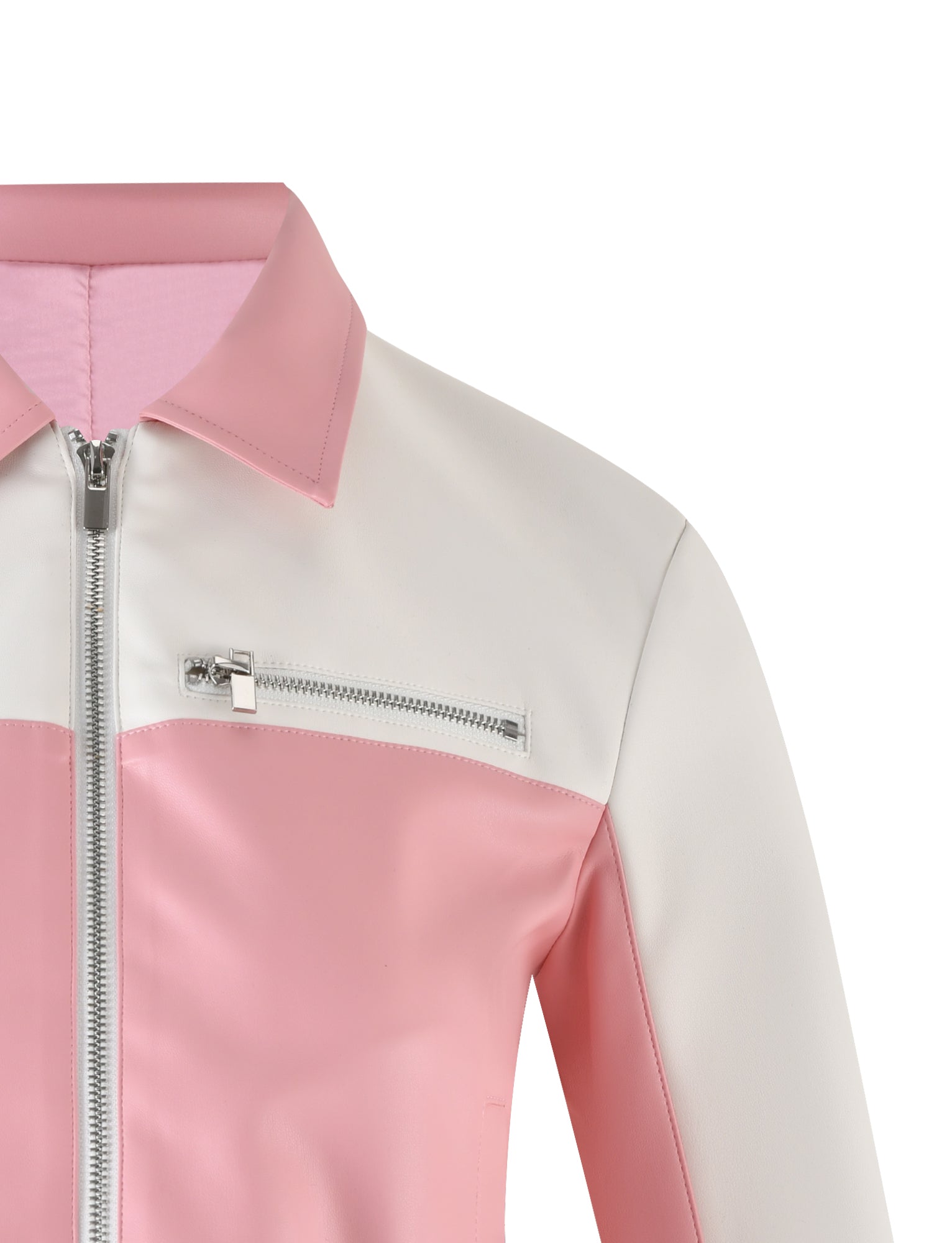 A close-up view of the stylish TIGERMIST DELIA JACKET - PINK : PINK/WHITE featuring a sleek front zipper and a silver zippered chest pocket. The neatly folded collar and smooth, glossy fabric enhance its chic design.