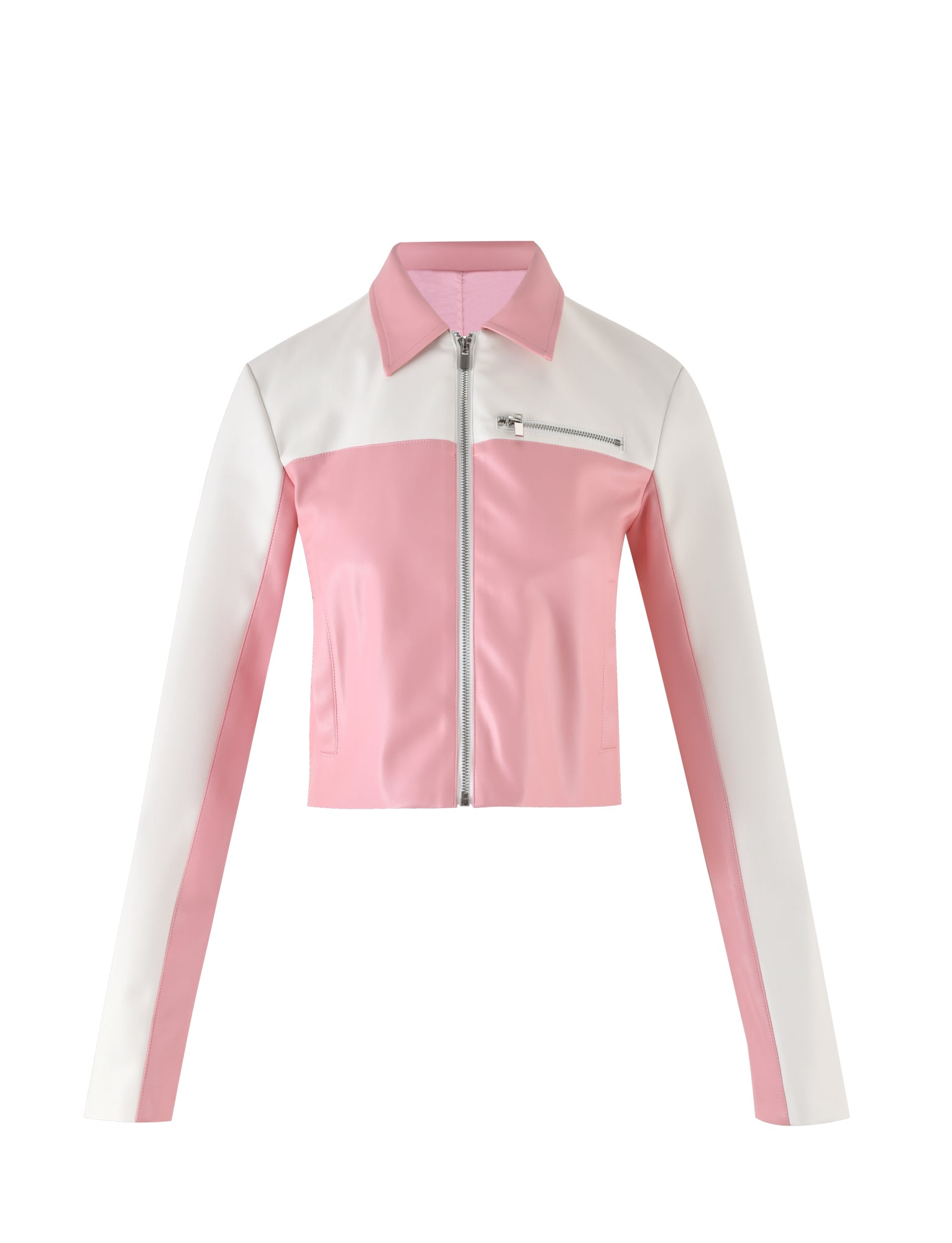 Introducing the DELIA JACKET - PINK : PINK/WHITE by TIGERMIST, a chic and trendy cropped jacket with stylish long sleeves. This color-block design features eye-catching pink and white panels, a front zipper closure, a pointed collar, and a small zippered pocket on the left chest, perfect for adding a touch of modern flair to any outfit.