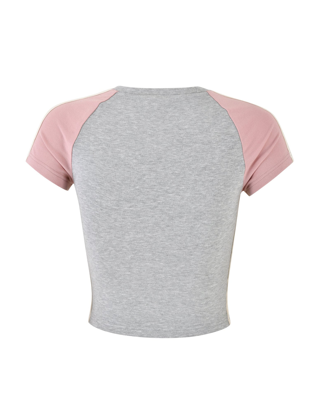 The JAYLEE TEE - GREY by TIGERMIST is displayed from the back. The main body of the short-sleeved, cropped t-shirt is light gray, while the sleeves are pink. It features a round neckline and a fitted cut.