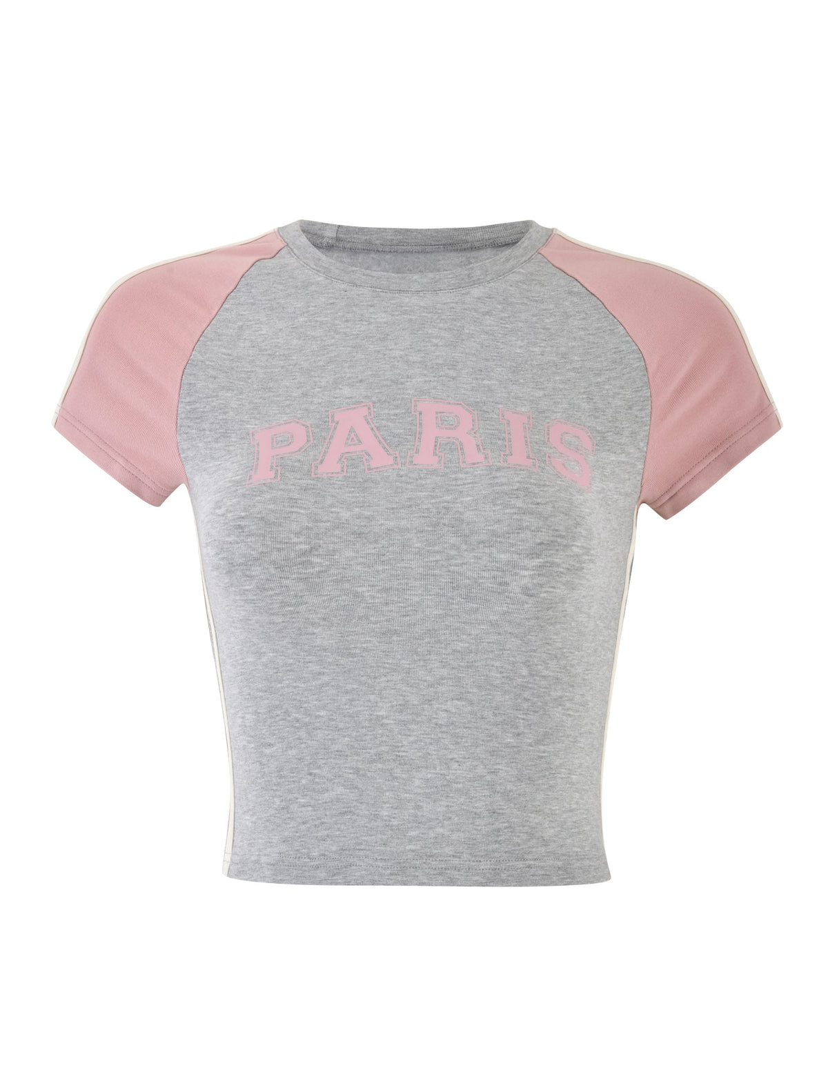 A short-sleeved, casual women's t-shirt from TIGERMIST named the JAYLEE TEE - GREY features grey front and back panels with pink raglan sleeves. The word "PARIS" is printed in light pink capital letters across the chest.
