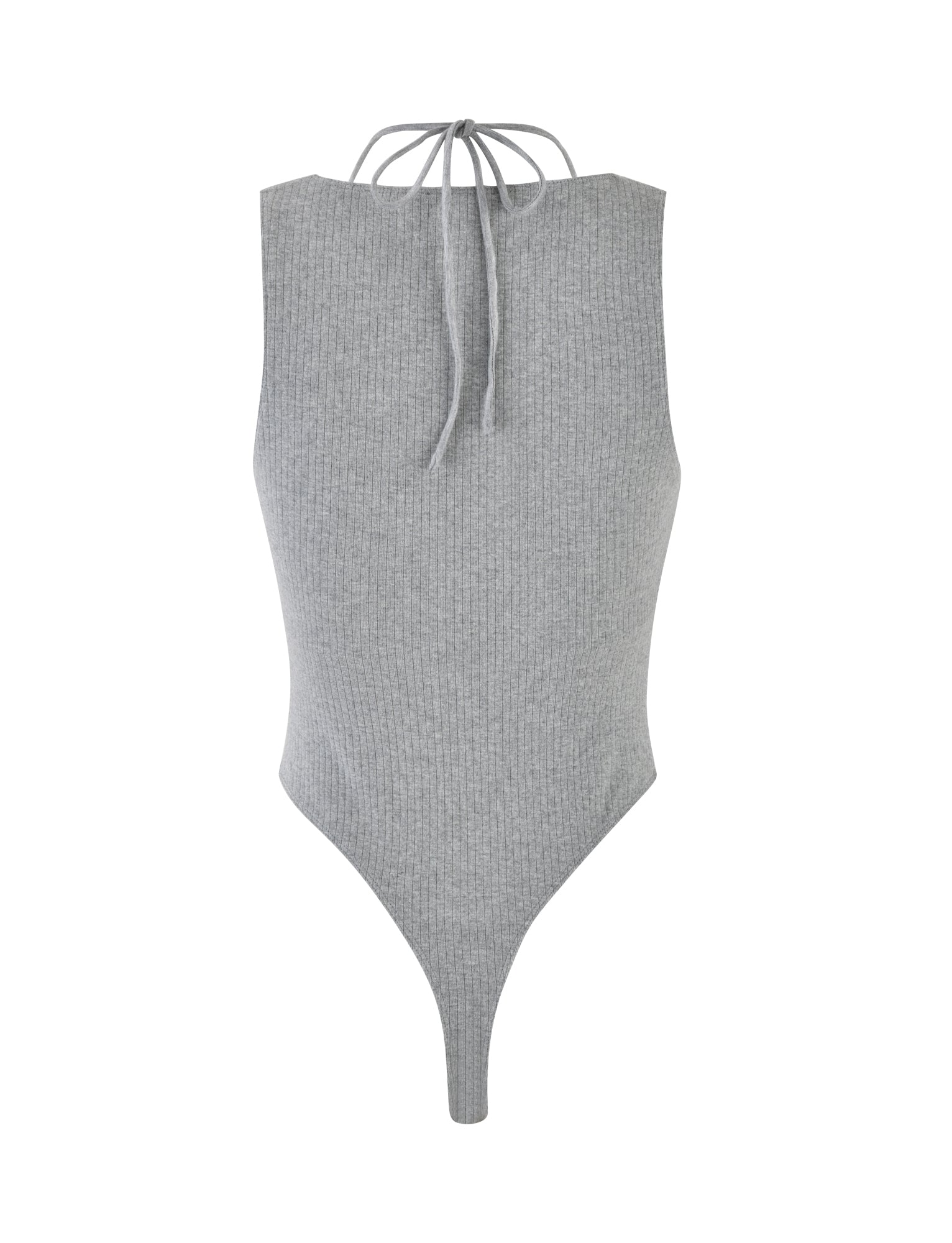 The TARYN BODYSUIT - GREY from TIGERMIST is a sleeveless, light gray ribbed bodysuit featuring a high neckline and a tie closure at the back. Made from soft and stretchy fabric, it fits snugly against the body. The bodysuit has a thong-style bottom for a seamless look under clothing.