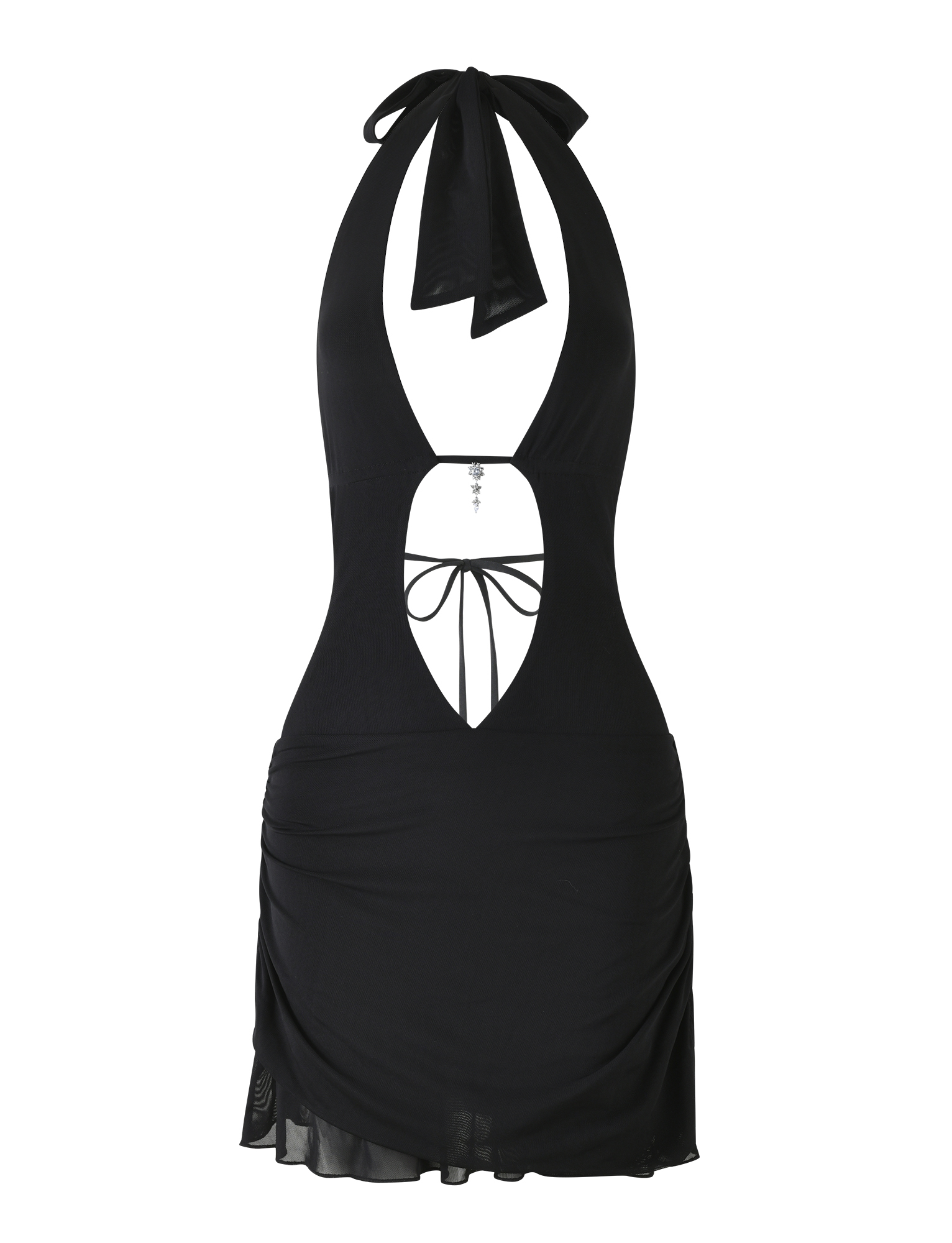 The ESHA DRESS by TIGERMIST is a sleeveless black cut-out mini with a deep V neckline, front tie detail, ruched sides, bodycon fit, and an asymmetrical sheer hem.