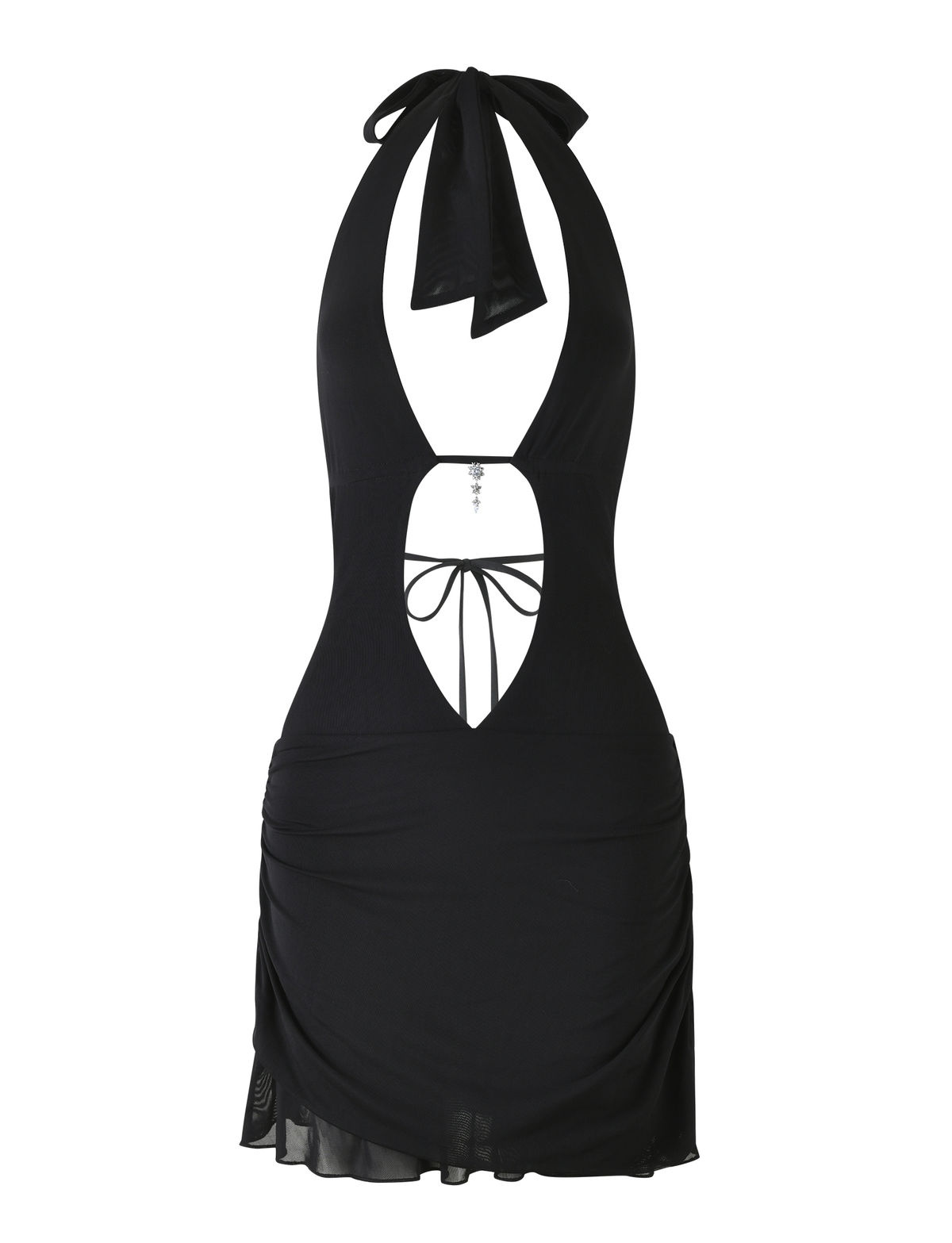The ESHA DRESS by TIGERMIST is a sleeveless black cut-out mini with a deep V neckline, front tie detail, ruched sides, bodycon fit, and an asymmetrical sheer hem.