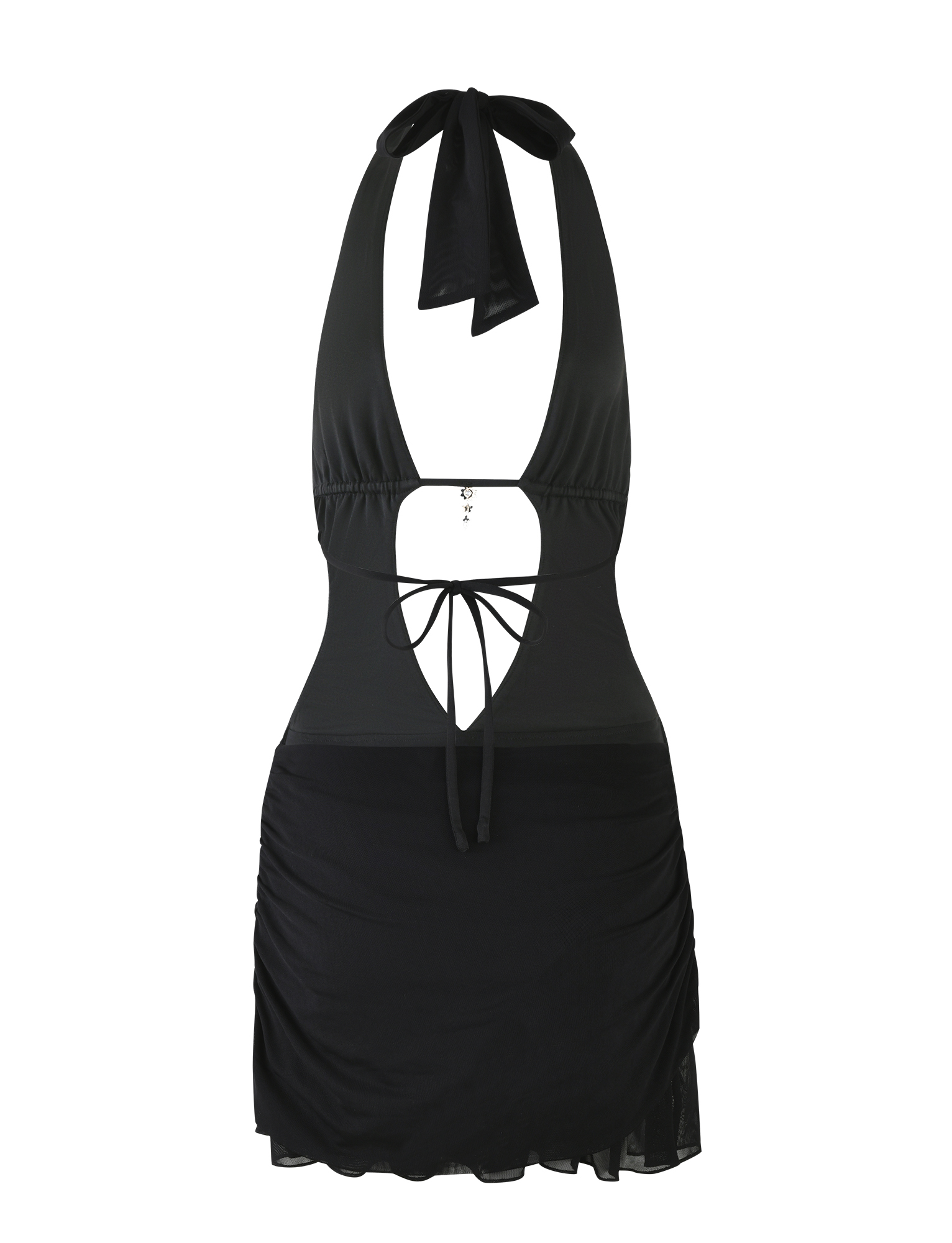 The ESHA DRESS - BLACK by TIGERMIST is a mini black bodycon dress with a halter neck, plunging neckline, open back with tie details, slight ruching on the skirt, and a sheer hem overlay.