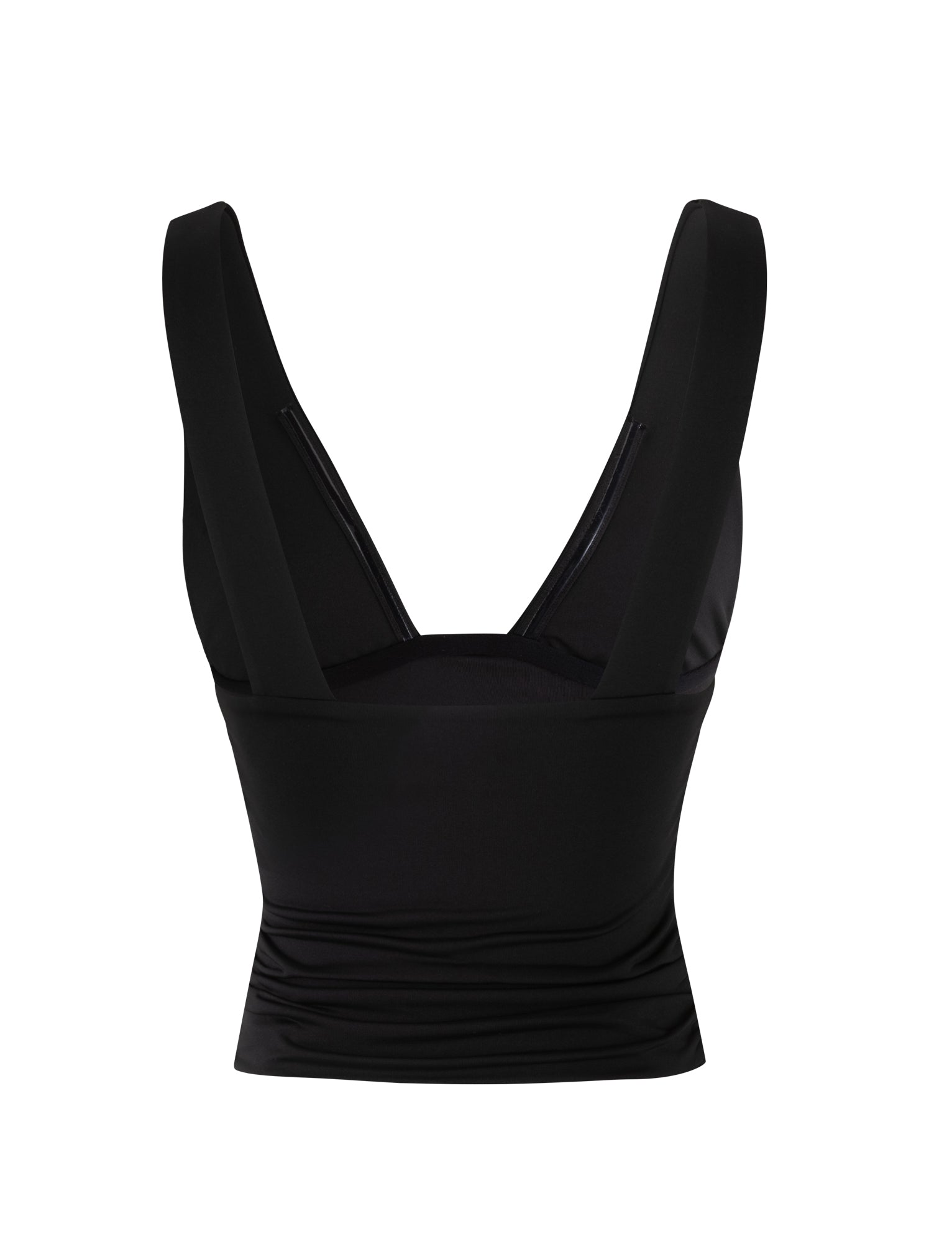 The LUNARIA TOP - BLACK by TIGERMIST is a sleek, sleeveless V-neck crop top with wide shoulder straps and a fitted design. This modern, minimalist top features a smooth, slightly shiny fabric that appears to be made of a stretchy material.