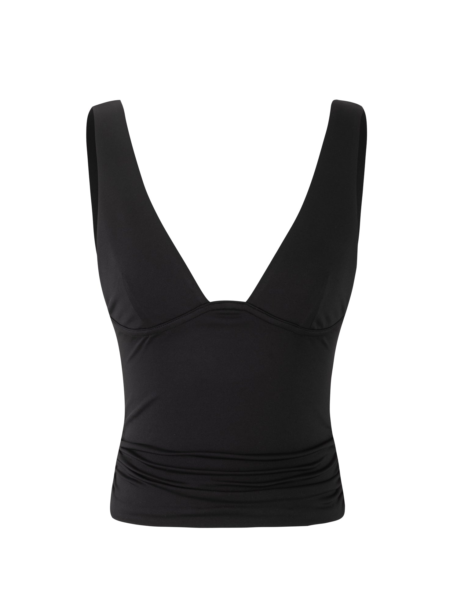 The LUNARIA Top - Black by TIGERMIST is a sleeveless V-neck crop top featuring wide shoulder straps and a slightly ruched waistband. With its fitted and stretchy design, this top offers a sleek and modern appearance against a white background.