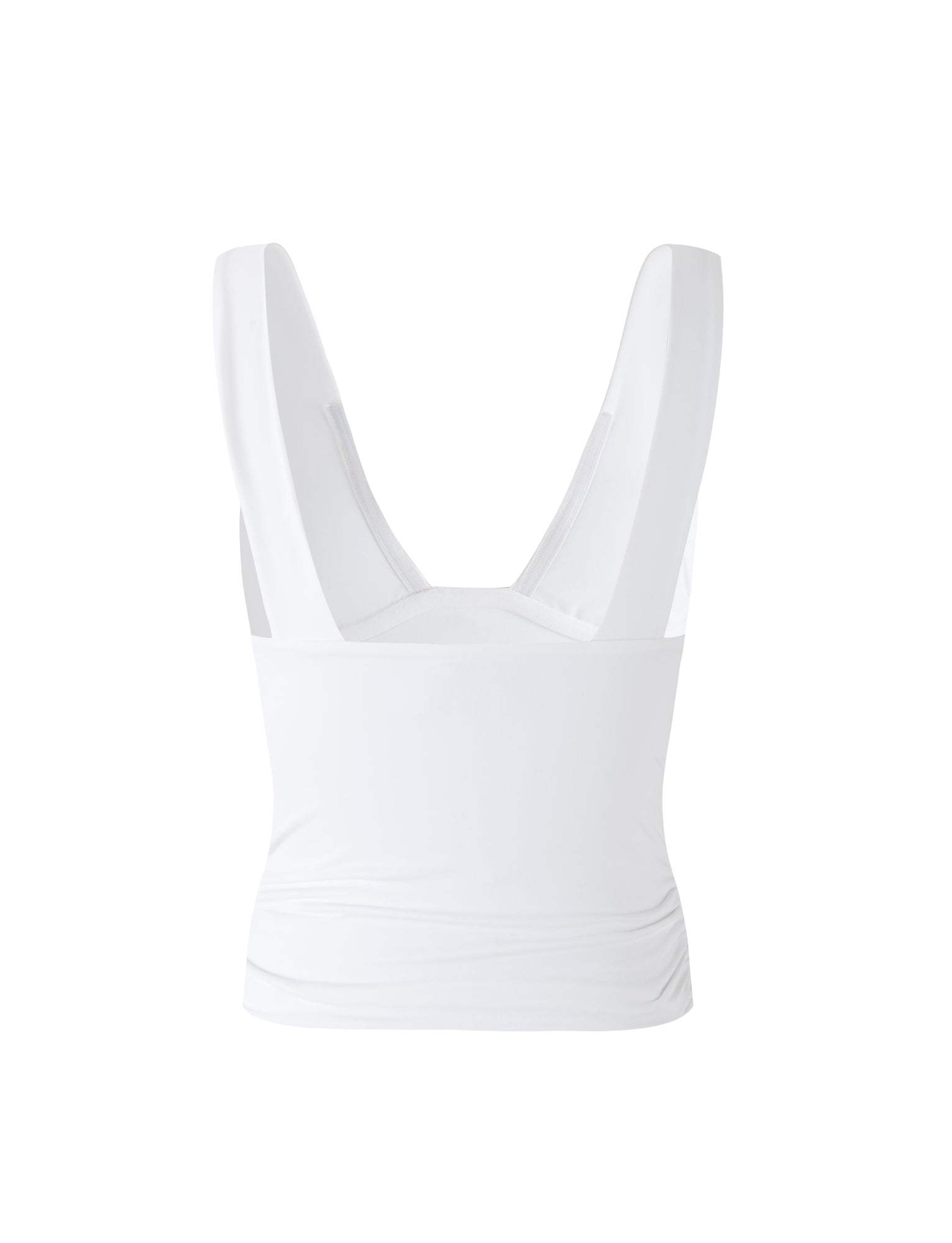 The LUNARIA TOP - WHITE from TIGERMIST, exhibited on a plain white background, features a deep V neckline, wide shoulder straps, and a fitted design for a sleek and minimalistic look.
