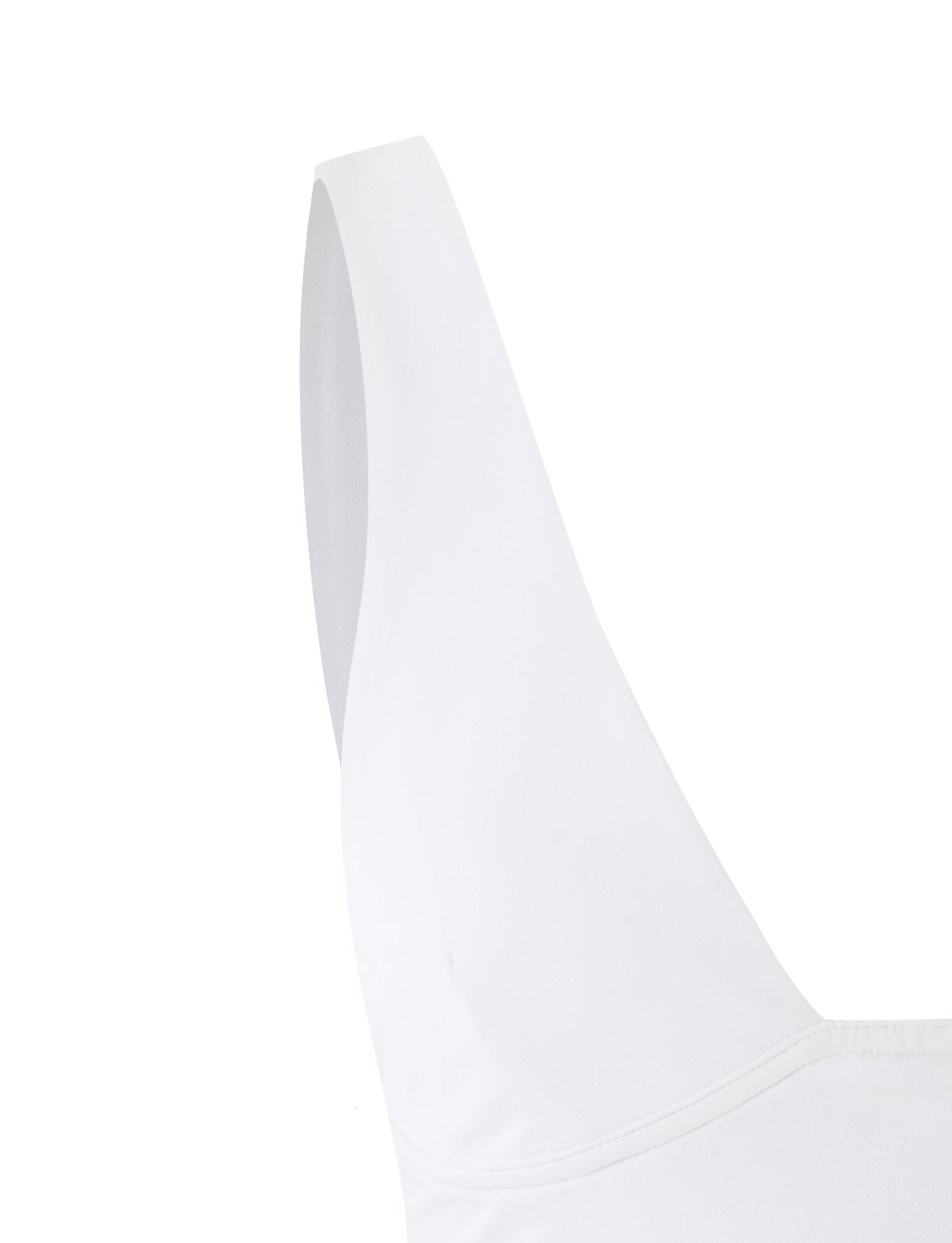 Close-up of the LUNARIA TOP - WHITE by TIGERMIST, showcasing the upper part with a single strap and chest area. The fabric appears smooth and stretchy. The background is plain white, emphasizing the minimalistic design and form of this chic piece.