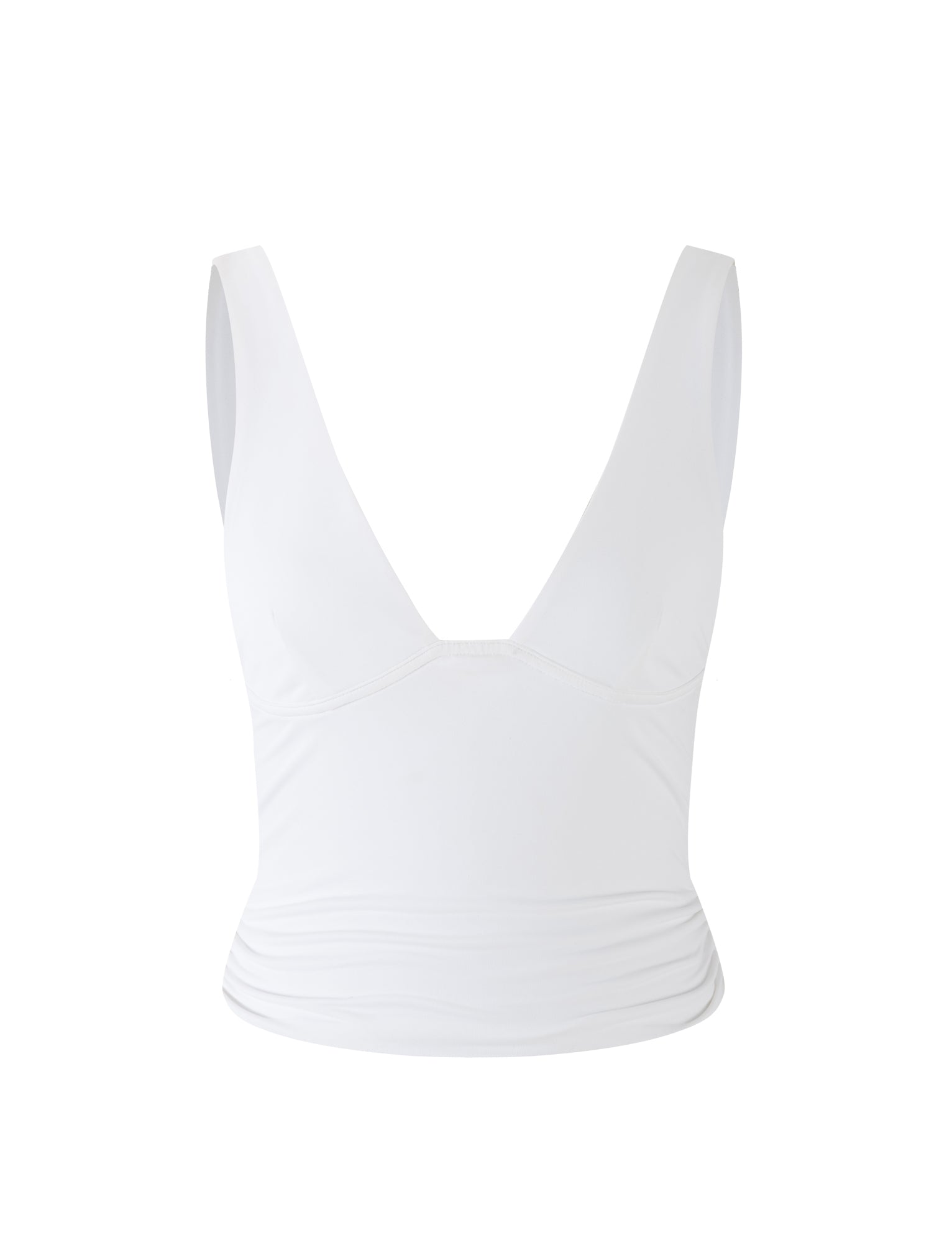 Introducing the LUNARIA TOP - WHITE by TIGERMIST: This stylish piece features a sleeveless V-neck design with a fitted waist and slightly pleated sides. Made from a slightly stretchy material, it offers a smooth and snug fit, embodying Tigermist's signature flair for chic yet comfortable fashion.